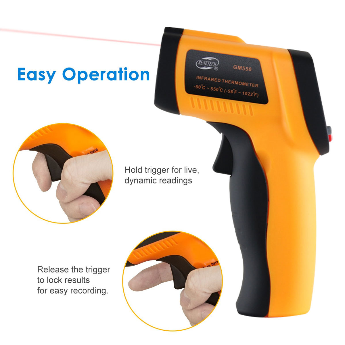 Oranges Infrarot-Thermometer. Text: Easy Operation. Trigger halten für Live-Messwerte.