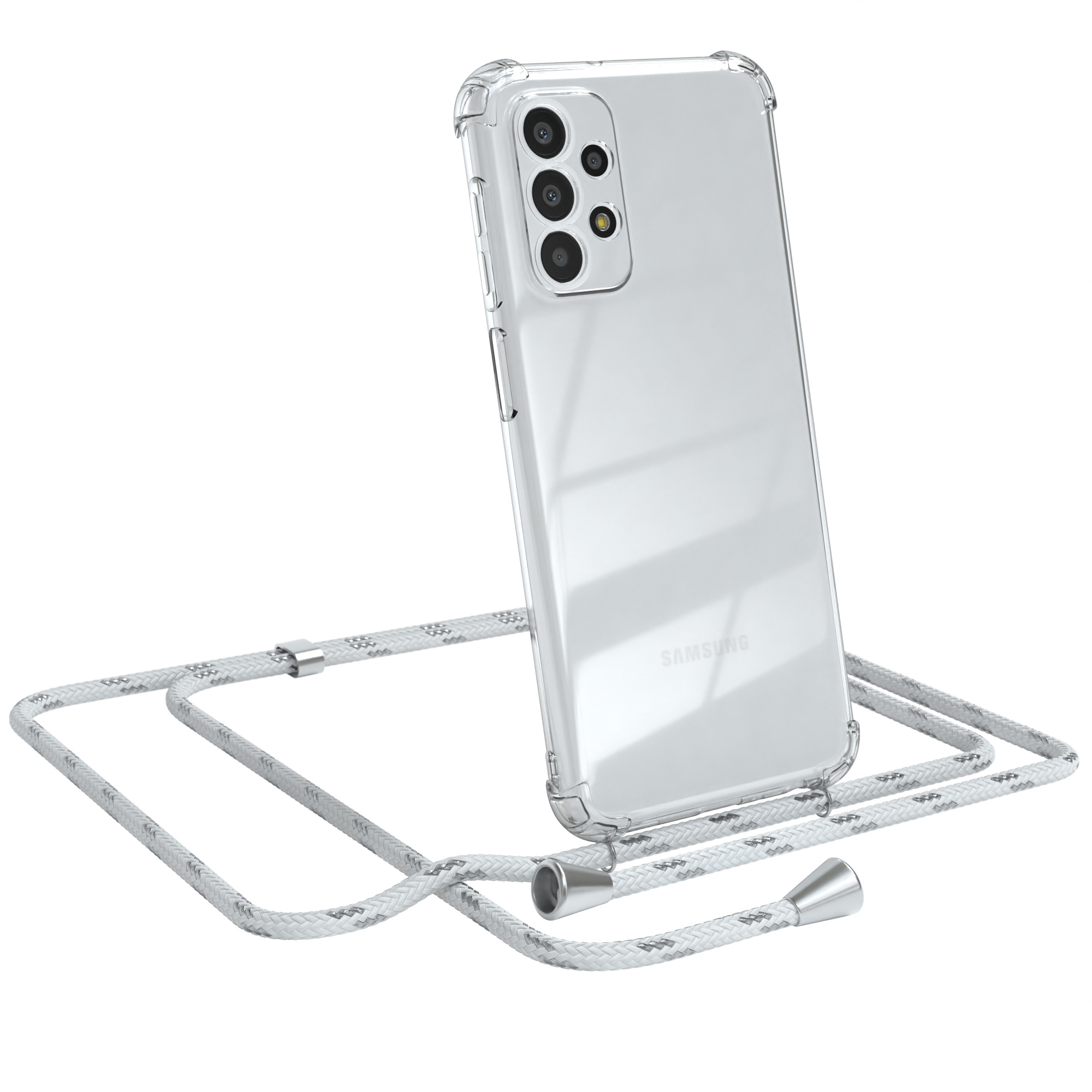 Transparente Handyhülle mit weißem Seil und silbernen Akzenten. Samsung Telefon.