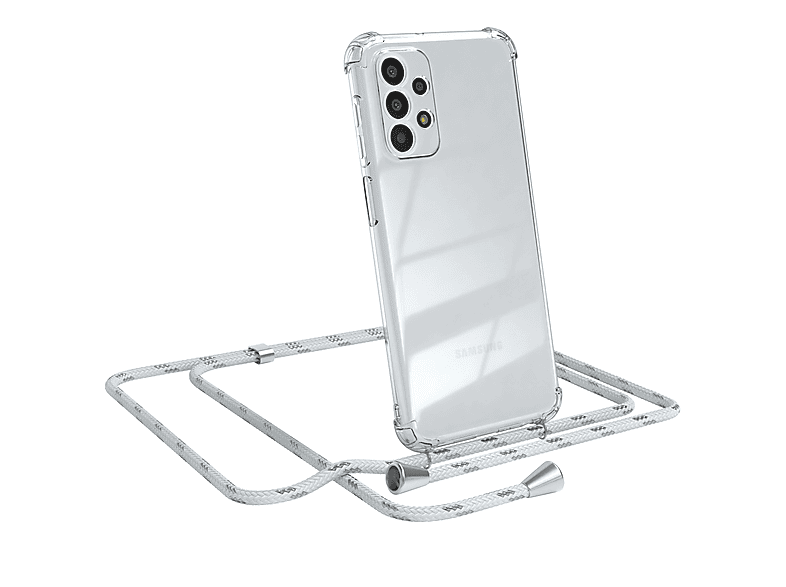 EAZY CASE Clear Cover mit Umhängeband, Umhängetasche, Samsung, Galaxy A23 5G, Weiß / Clips Silber