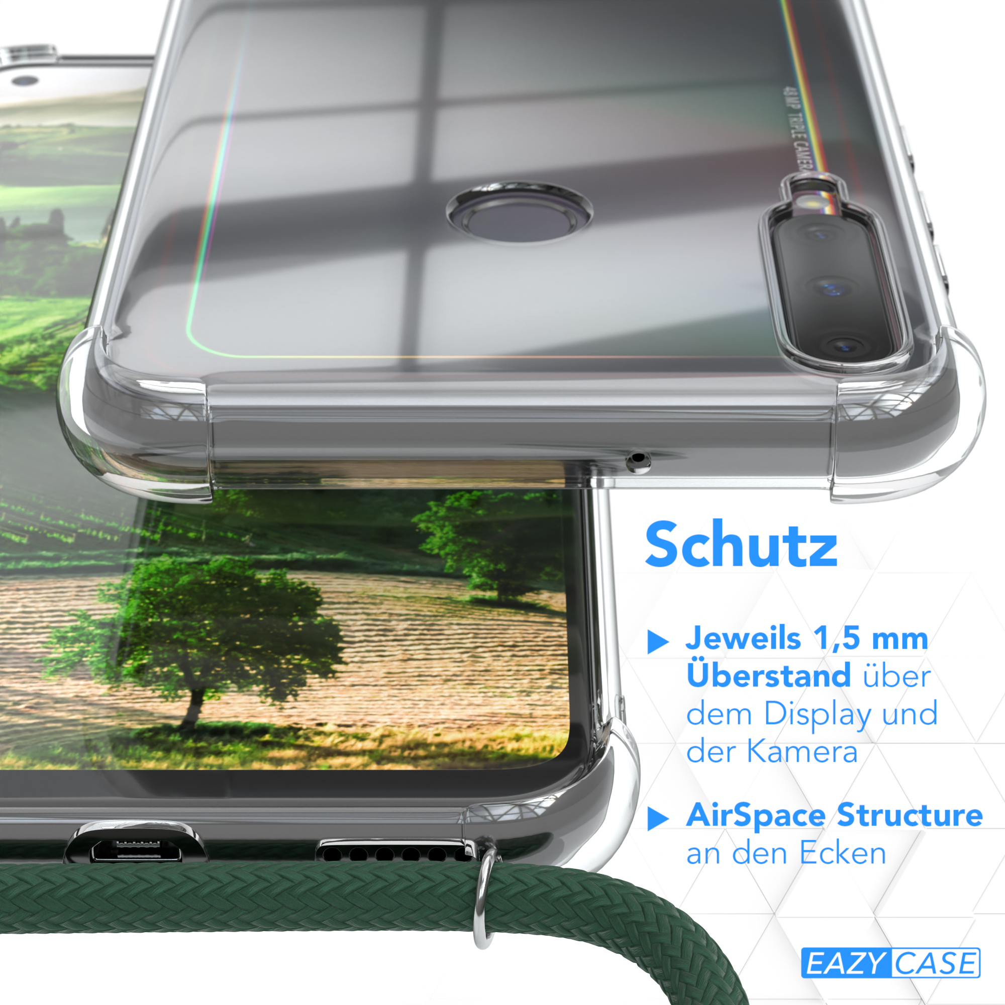 Handyhülle, Detail des Schutzes und grünes Kabel.
