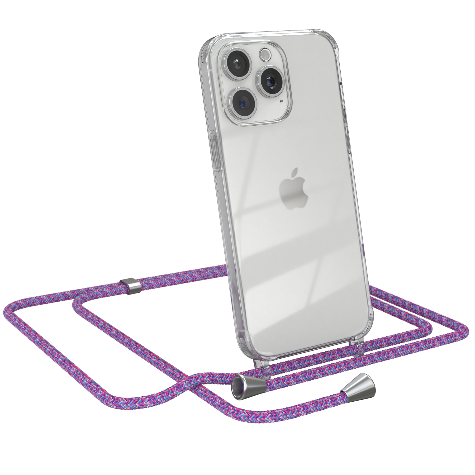 EAZY CASE Clear Cover iPhone / Silber Apple, Max, mit Umhängetasche, Umhängeband, 15 Pro Clips Lila