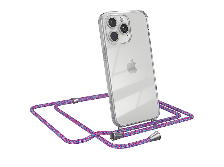 EAZY CASE Clear Cover mit Umhängeband, Umhängetasche, Apple, iPhone 15 Pro Max, Lila / Clips Silber
