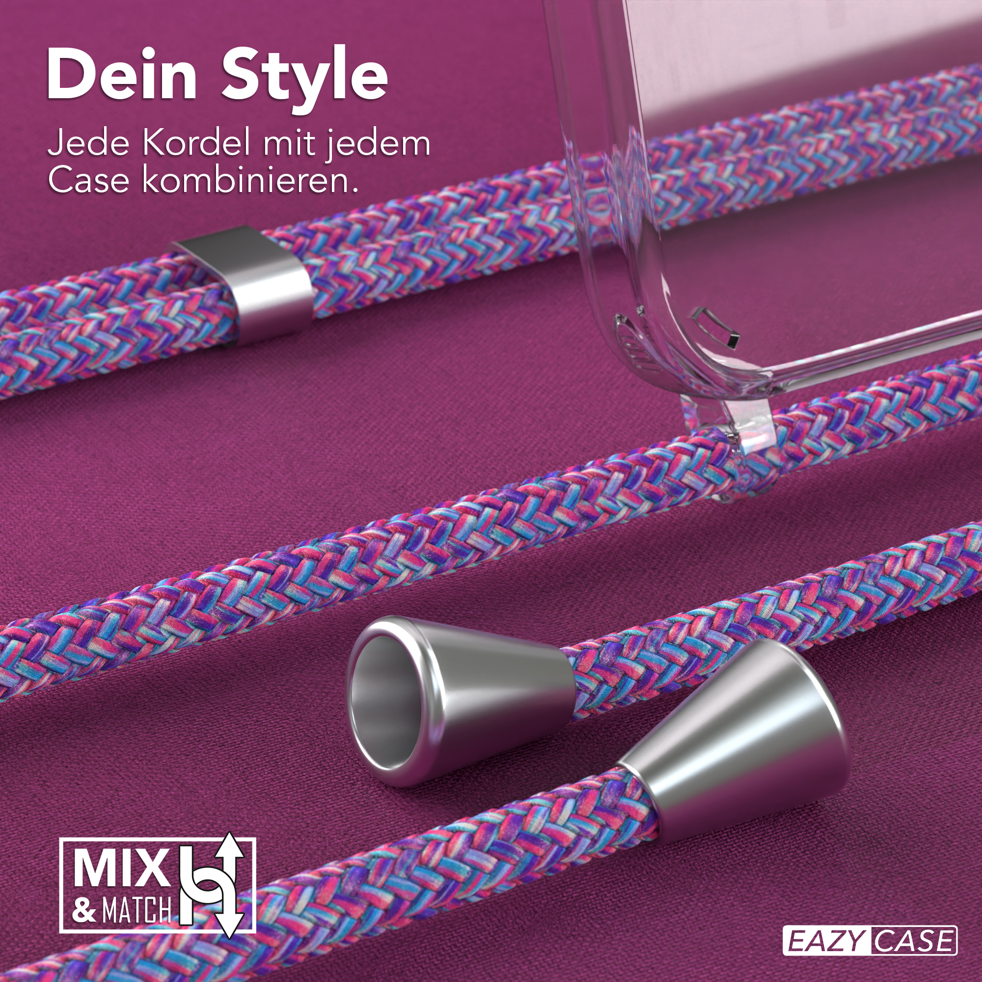 Nahaufnahme von Handykabeln und metallischen Enden auf einem lila Stoff. Die Kabel sind eine Mischung aus Lila, Pink und Blau.
