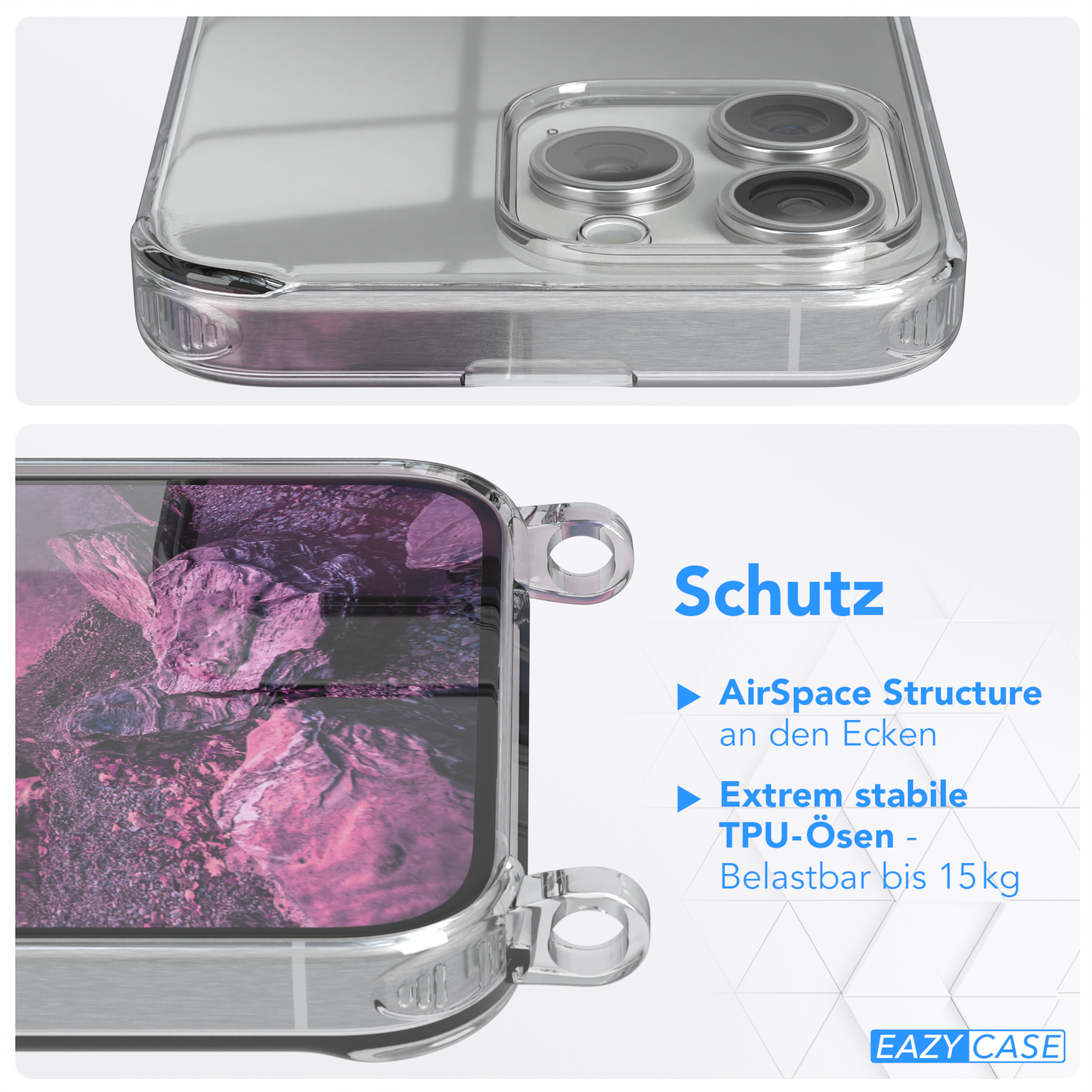 EAZY 15 / Max, Cover mit Clips iPhone Umhängeband, Clear Umhängetasche, CASE Apple, Lila Pro Silber