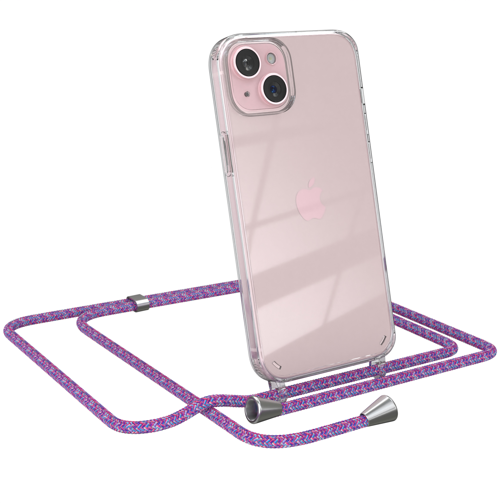 Transparente Handyhülle mit pinkfarbenem Band. Ein iPhone ist darin. Silberne Akzente an den Enden.