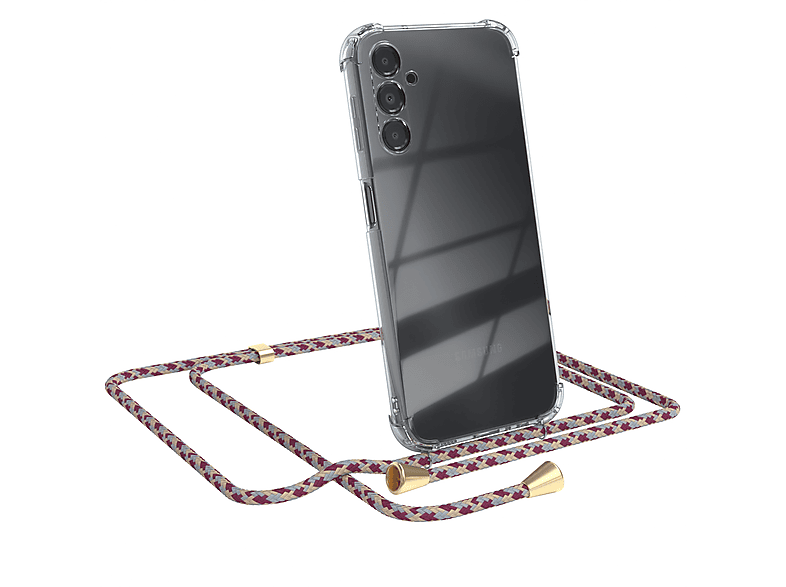 EAZY CASE Clear Cover mit Umhängeband, Umhängetasche, Samsung, Galaxy A14 5G, Rot Beige Camouflage / Clips Gold