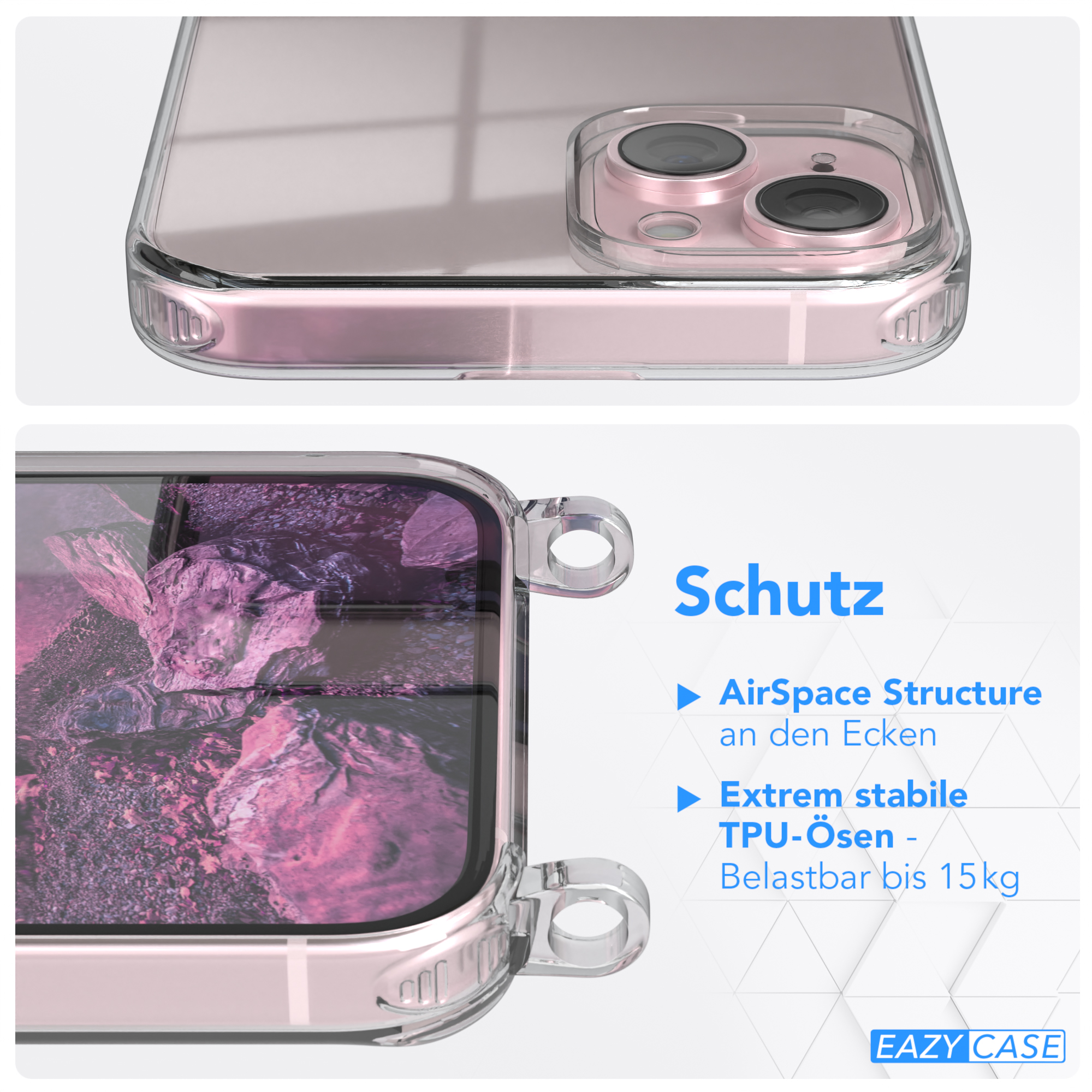 Rosa Handyhüllen-Detail mit AirSpace Structure und deutschen Beschriftungen. Klare Hülle auf Telefon.