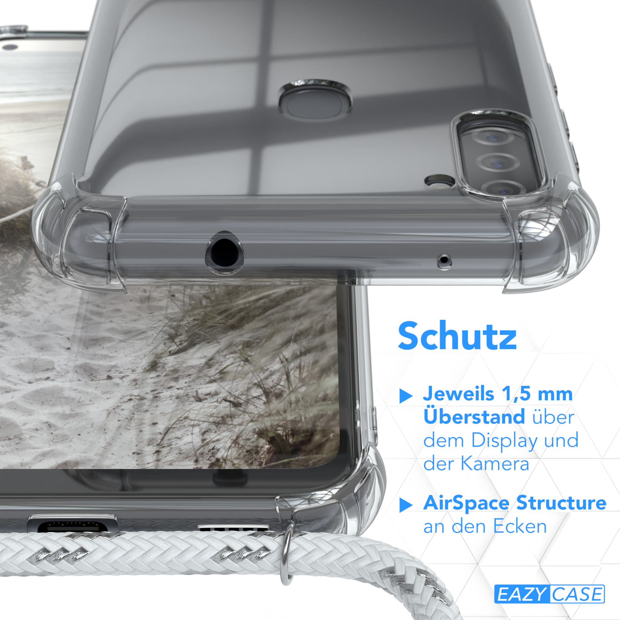 Nahaufnahme einer transparenten Handyhülle mit weißem, geflochtenem Band, Details des Telefons.