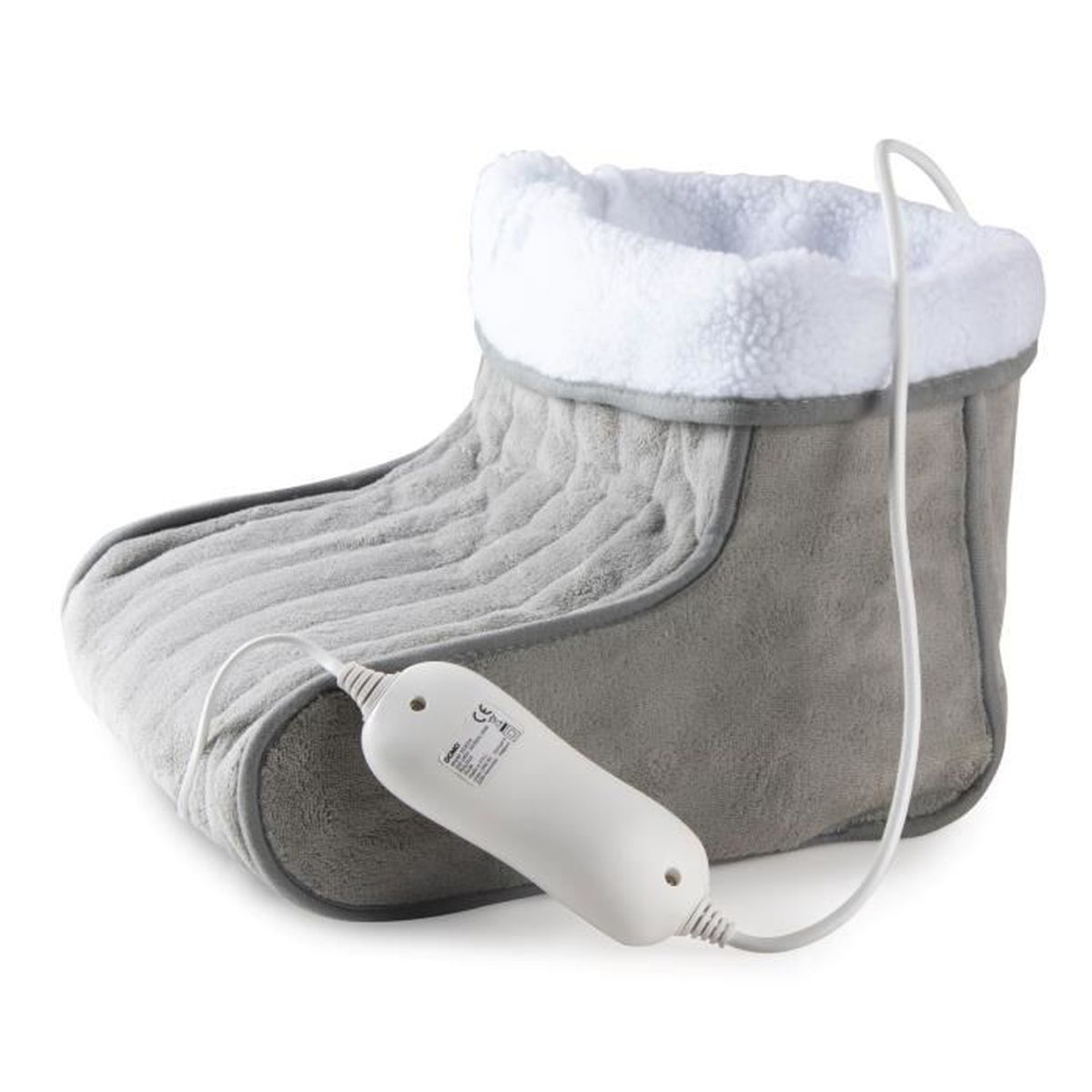 Scaldapiedi grigio con interno bianco e soffice e un pannello di controllo bianco.