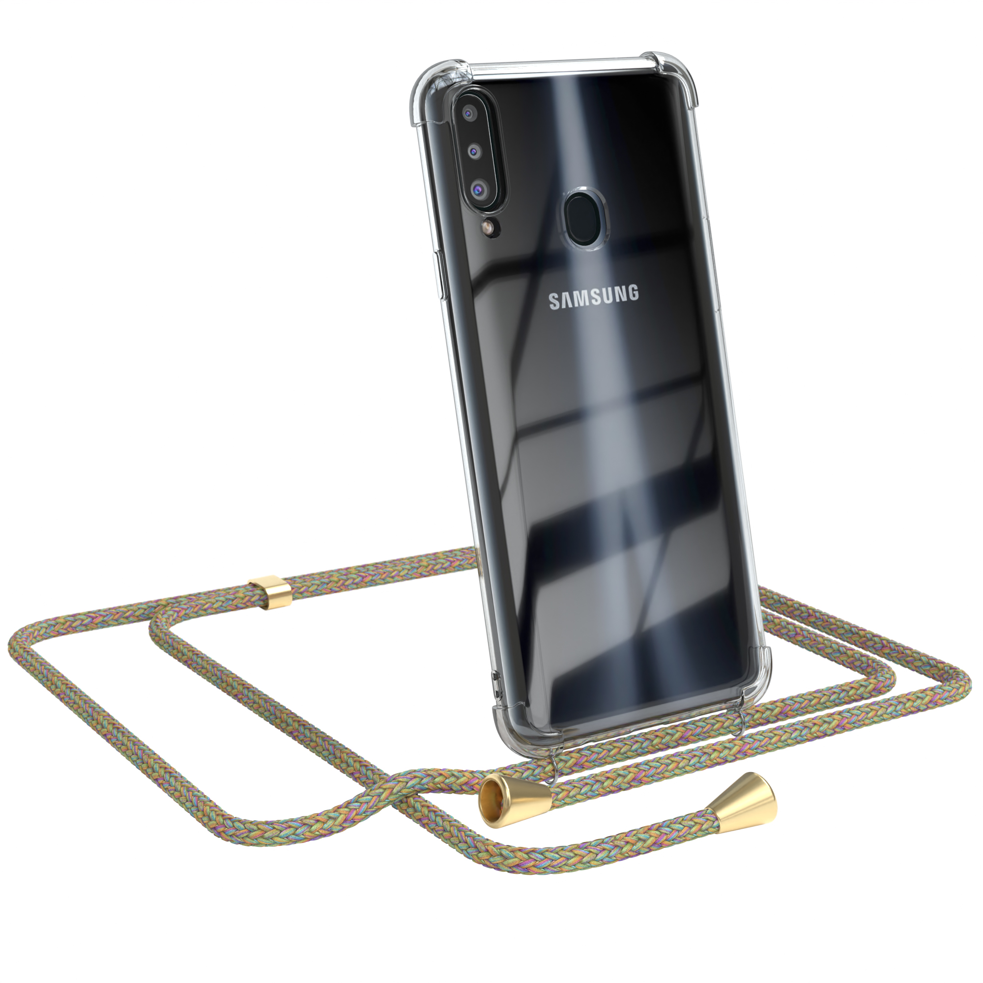 Klare Handyhülle mit mehrfarbigem Lanyard. Ein Samsung-Telefon befindet sich in der Hülle.