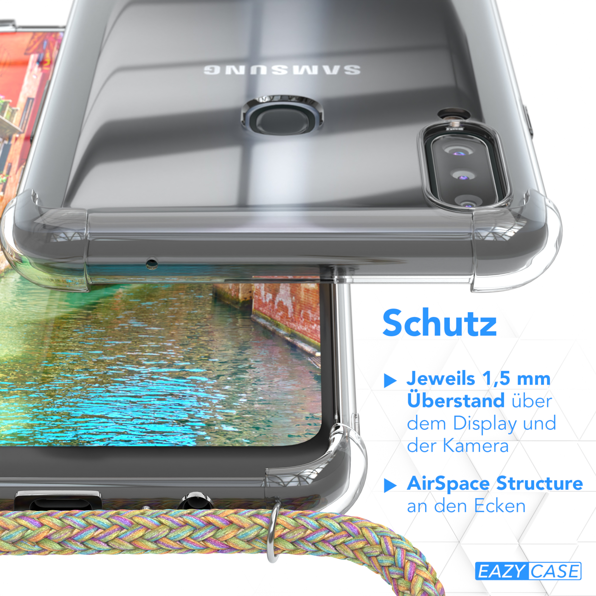 EAZY CASE Clear Cover Gold Umhängetasche, Clips mit Umhängeband, A20s, / Bunt Galaxy Samsung