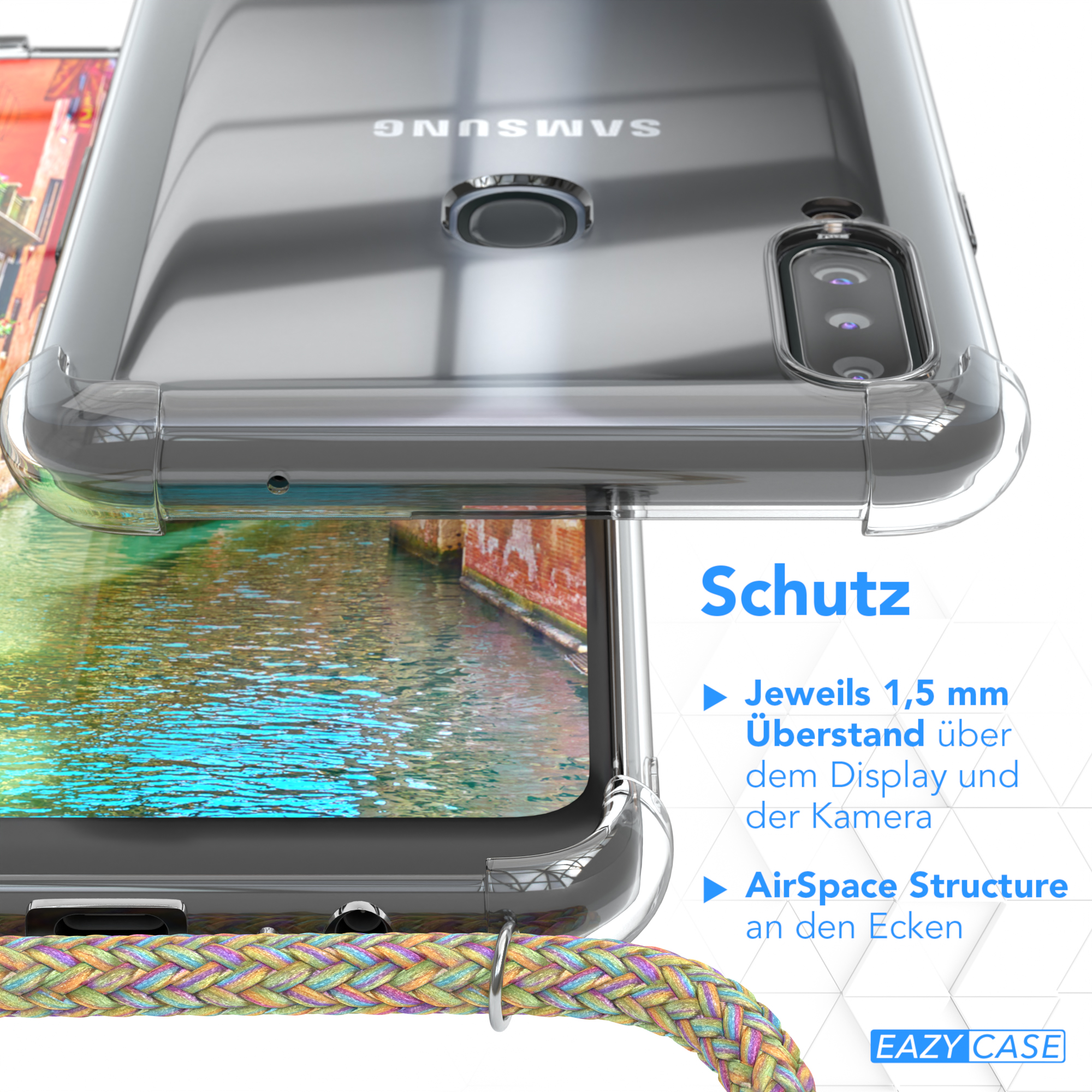 Transparente Handyhülle, Nahaufnahme. Zeigt Brücke im Hintergrund und geflochtene Kordel.