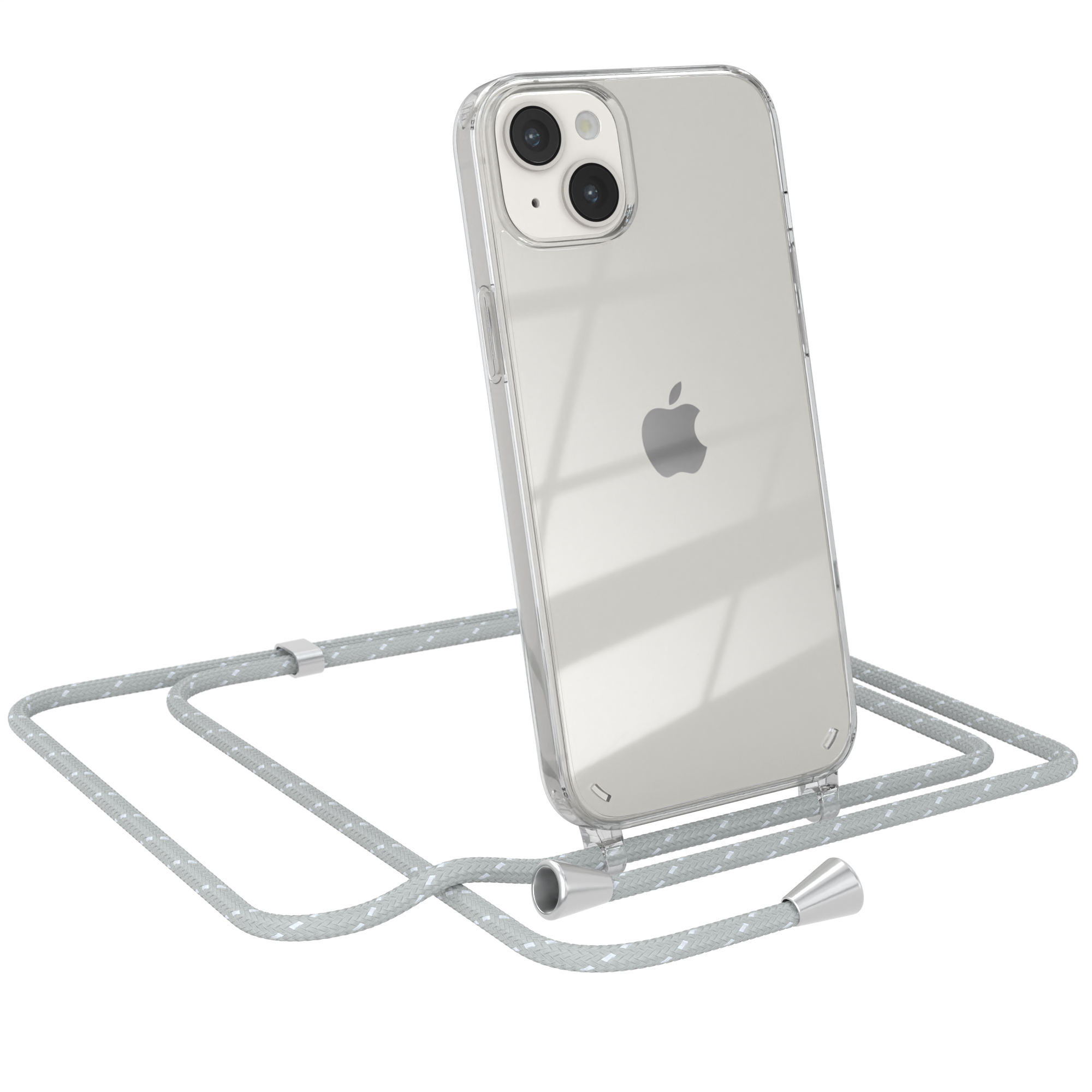 Transparente Handyhülle mit grauem Band. Das Telefon ist geneigt.