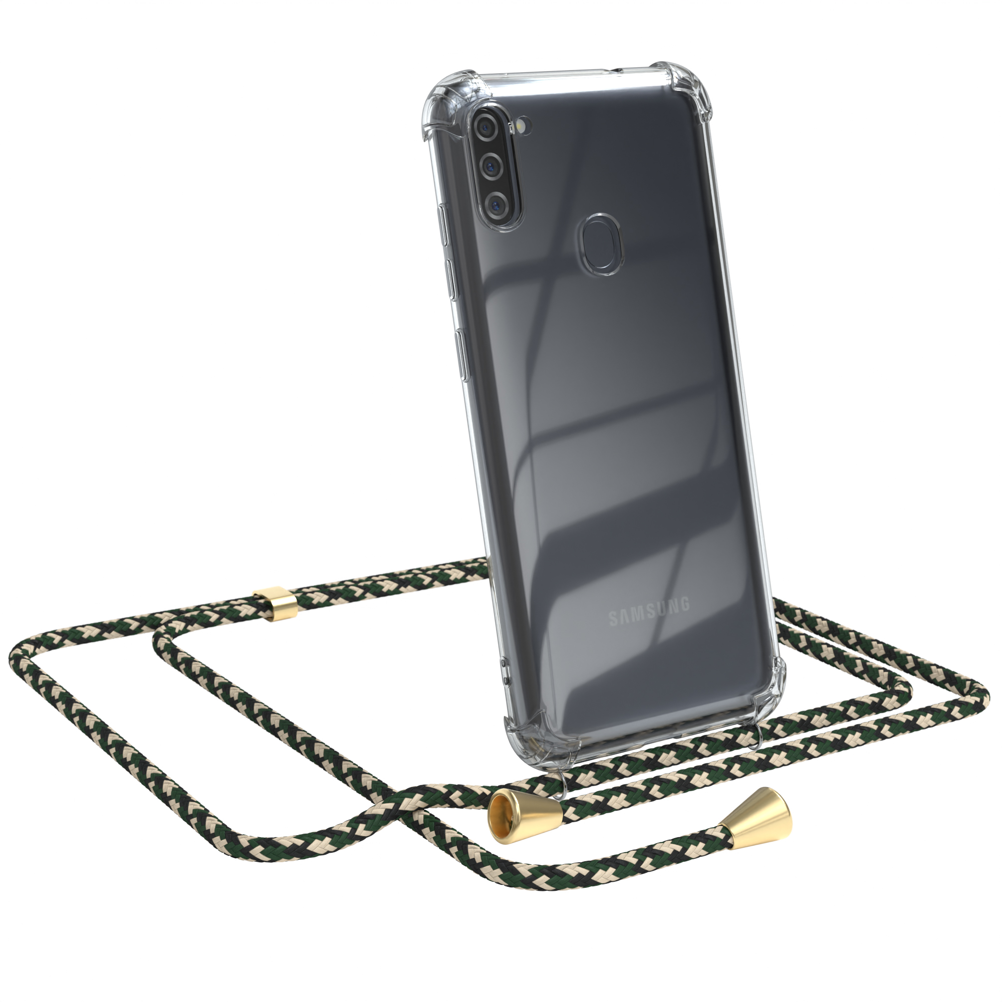 Transparente Handyhülle mit grün-weißem Kabel. Samsung Handy mit transparenter Hülle.