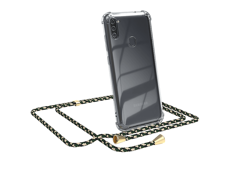 EAZY CASE Clear Cover mit Umhängeband, Umhängetasche, Samsung, Galaxy M11, Grün Camouflage / Clips Gold