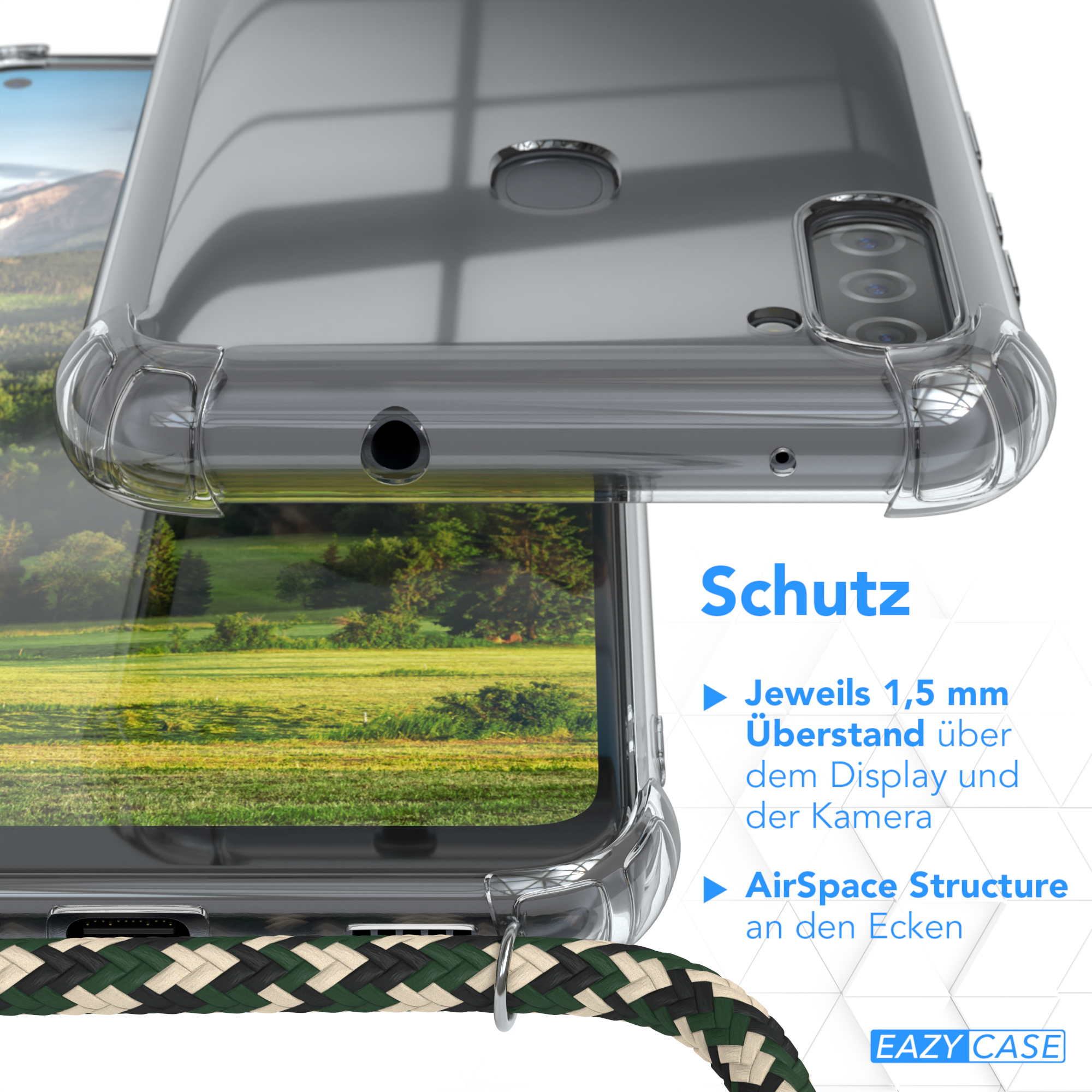 Nahaufnahme einer Handyhülle. Text sagt Schutz. Grün, schwarz und weißes Kabel. Grüne Landschaft.