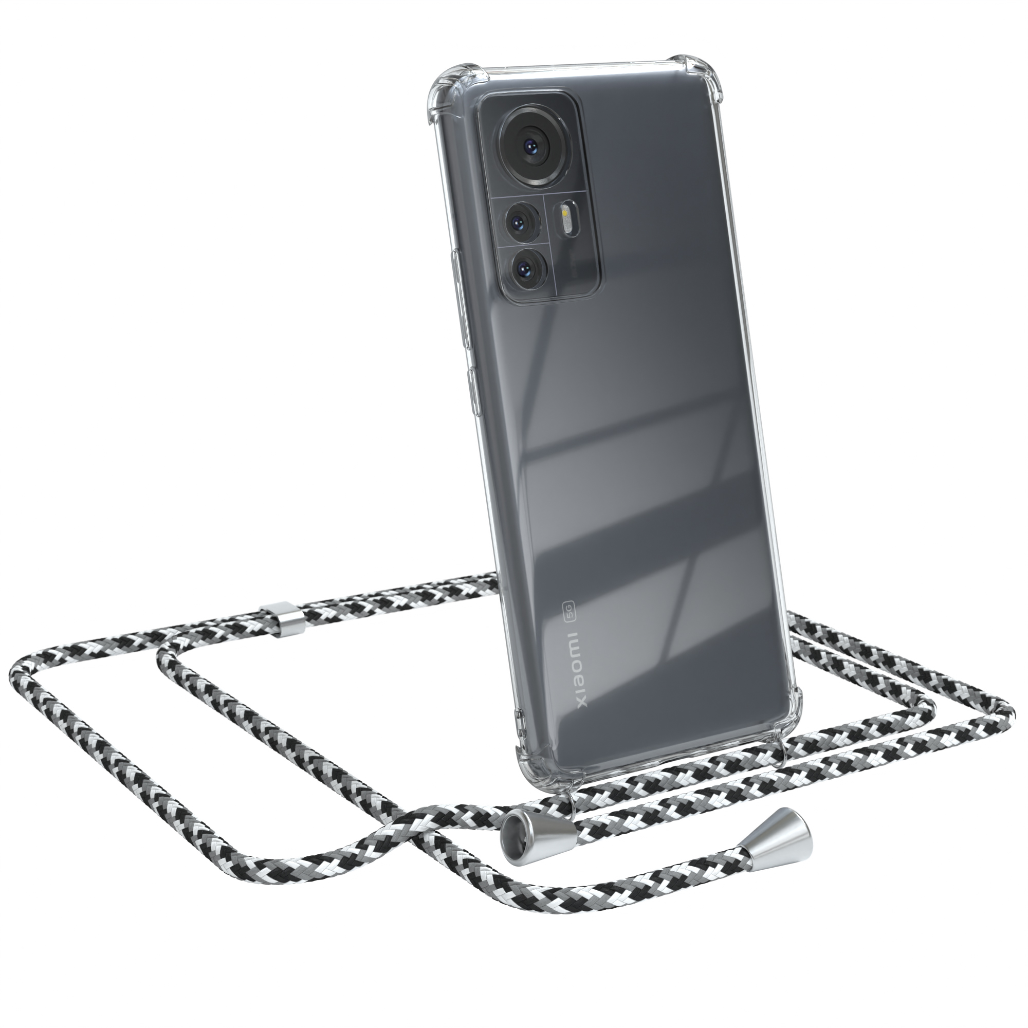 Transparente Handyhülle mit schwarz-weißem Umhängeband. Telefon angewinkelt, Xiaomi-Logo sichtbar. Weißer Hintergrund.