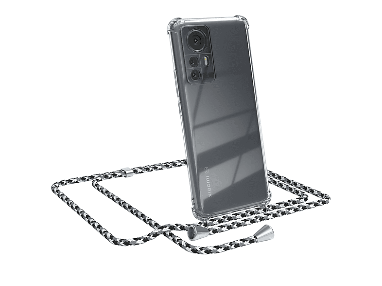 EAZY CASE Clear Cover mit Umhängeband, Umhängetasche, Xiaomi, 12 Pro, Schwarz Camouflage / Clips Silber
