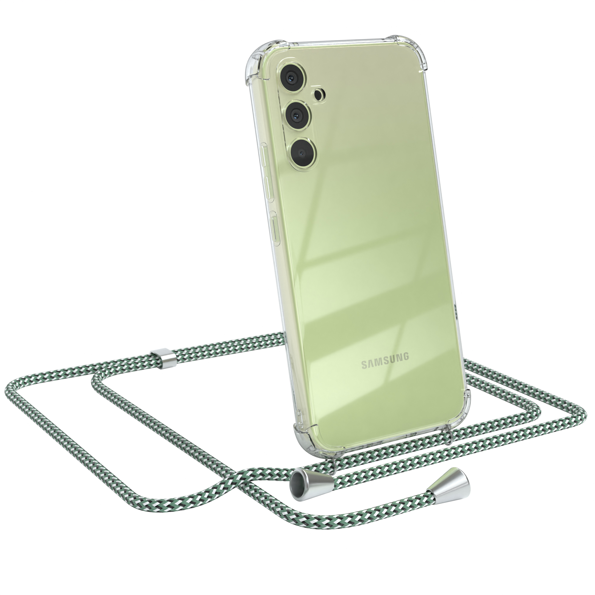 Ein Telefon in einer durchsichtigen Hülle mit einem grün-weißen Lanyard. Das Telefon ist abgewinkelt.