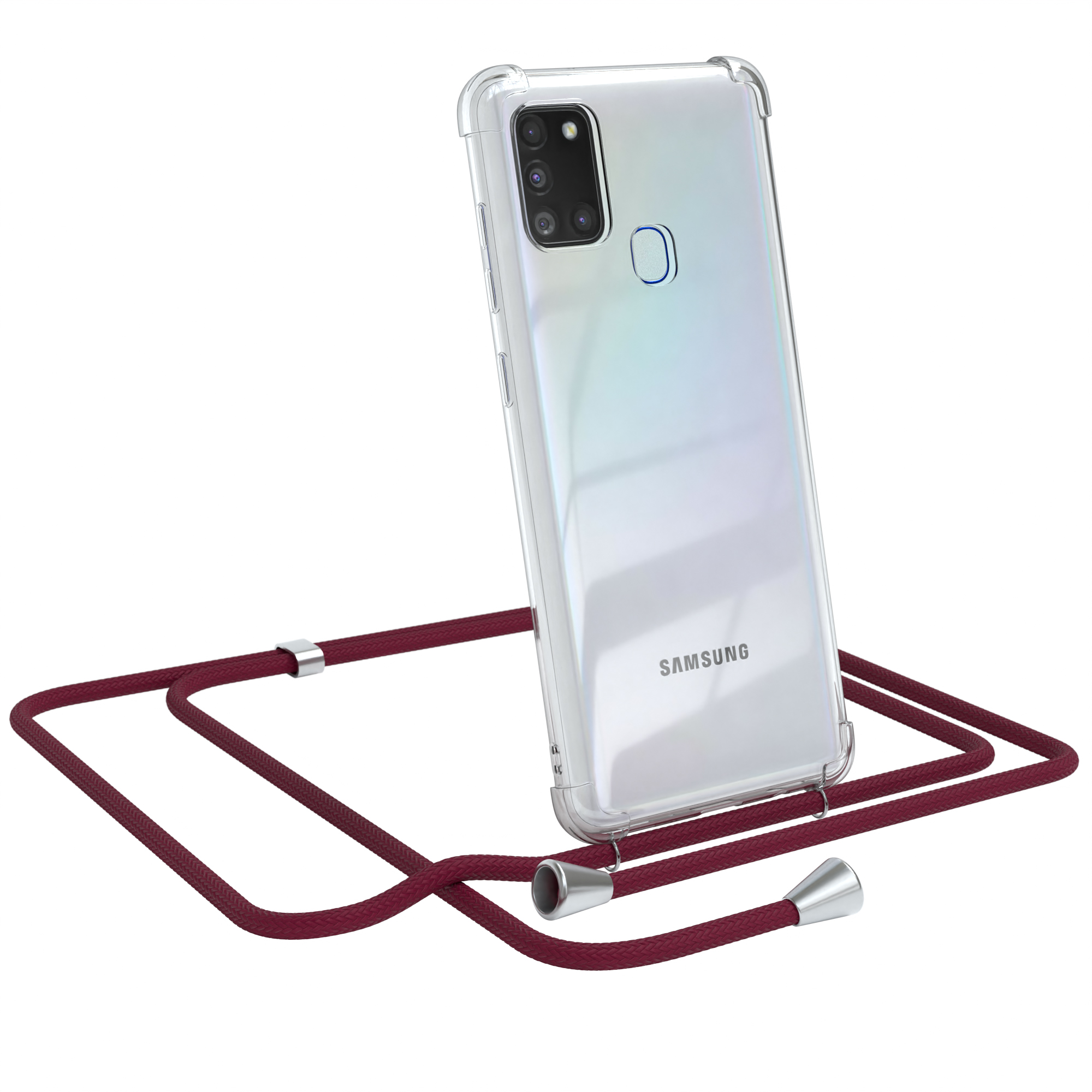 Transparente Handyhülle mit weinrotem Band. Samsung-Logo sichtbar. Weißer Hintergrund.