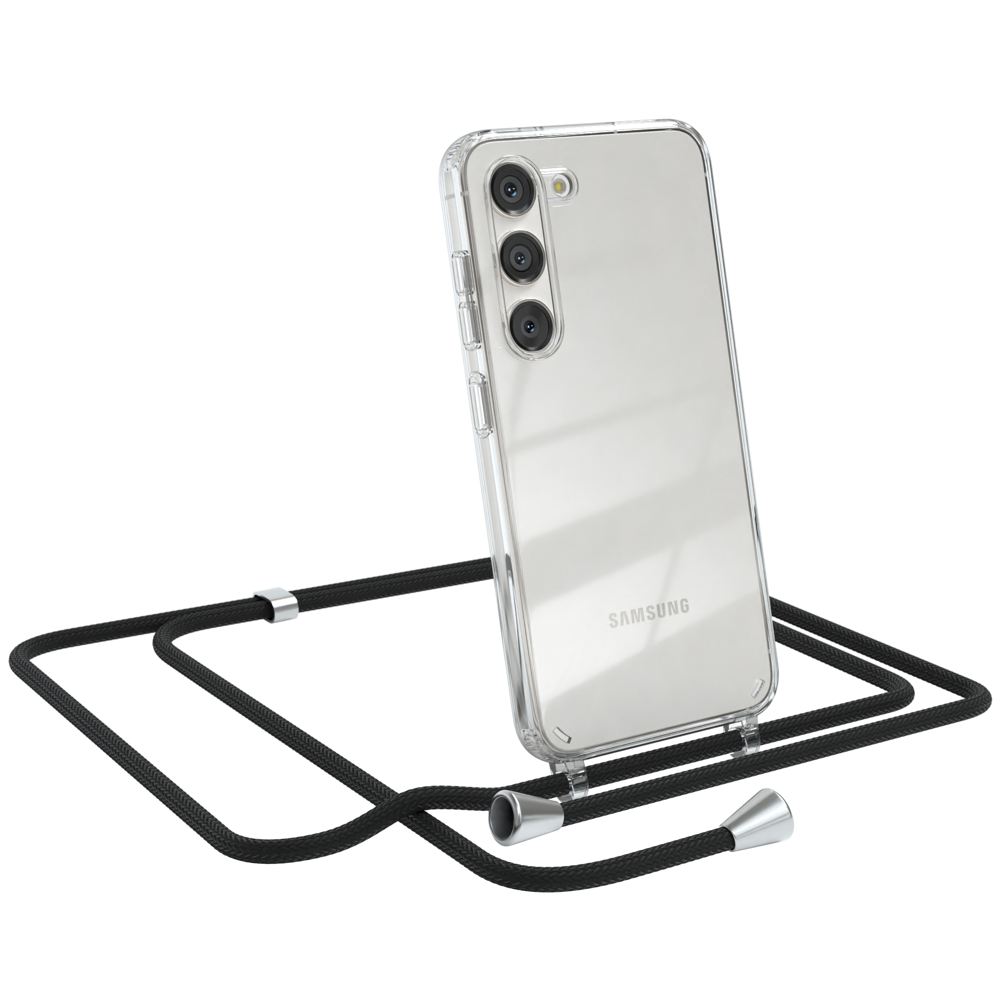 Transparente Handyhülle mit schwarzem Kabel. Telefon ist angewinkelt, zeigt die Rückkameras.