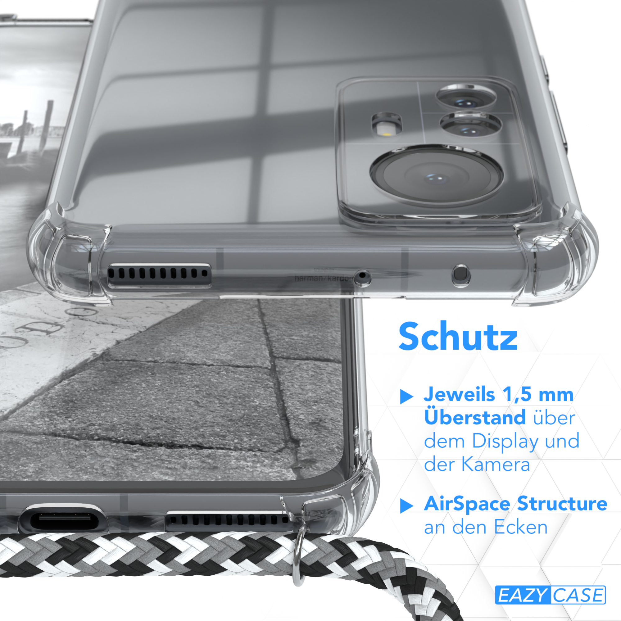 EAZY CASE Clear Schwarz mit Umhängeband, / Silber 12 Camouflage Cover Pro, Clips Xiaomi, Umhängetasche