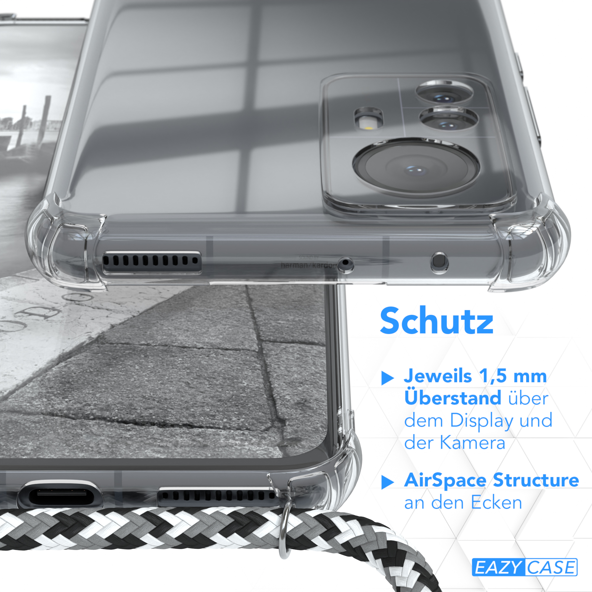 Eine Nahaufnahme eines Telefons mit Hülle, die verstärkten Ecken zeigt, mit dem Text 'Schutz'.
