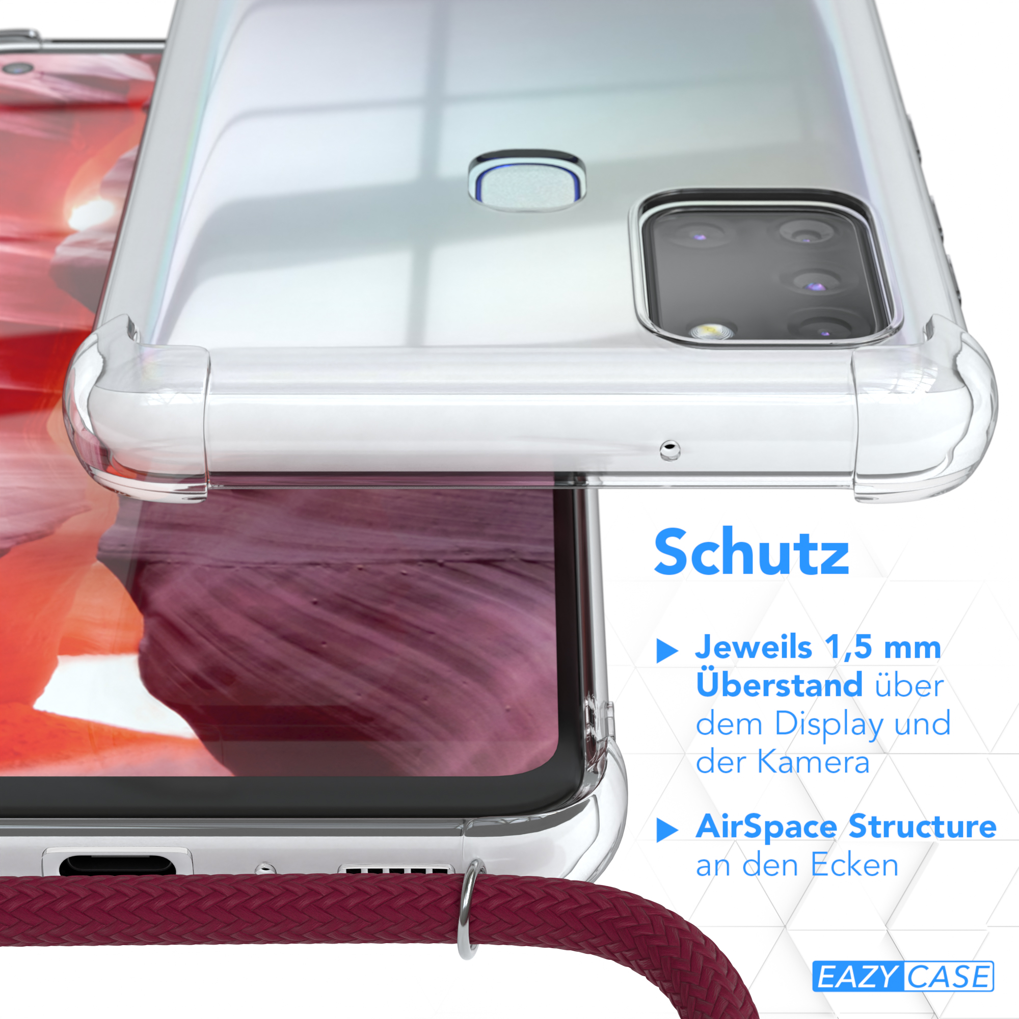 Nahaufnahme einer Handyhülle mit Text, die Schutzfunktionen zeigt.
