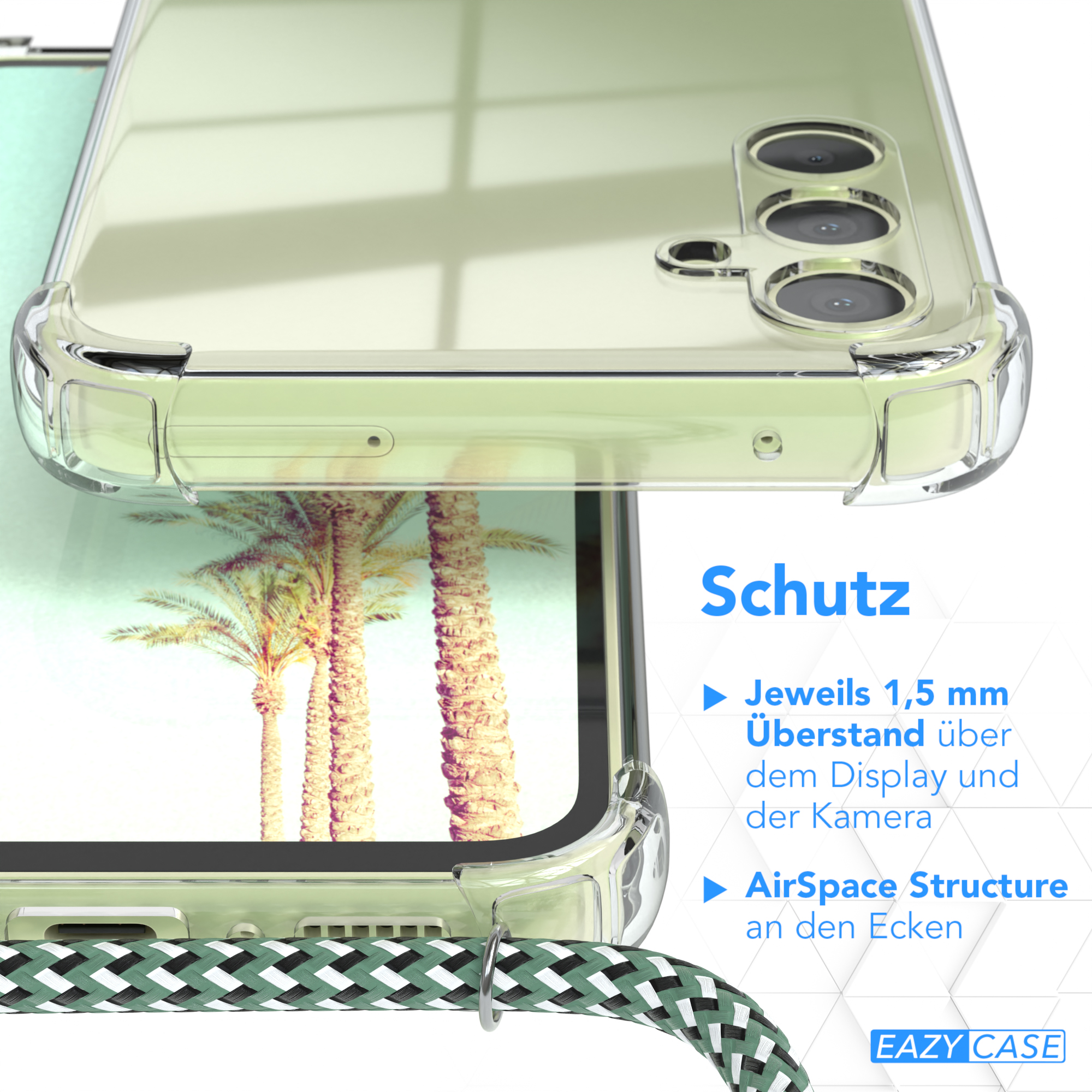 Eine transparente Handyhülle mit einem grünen Seil. Text auf dem Bild beschreibt die Schutzfunktionen.