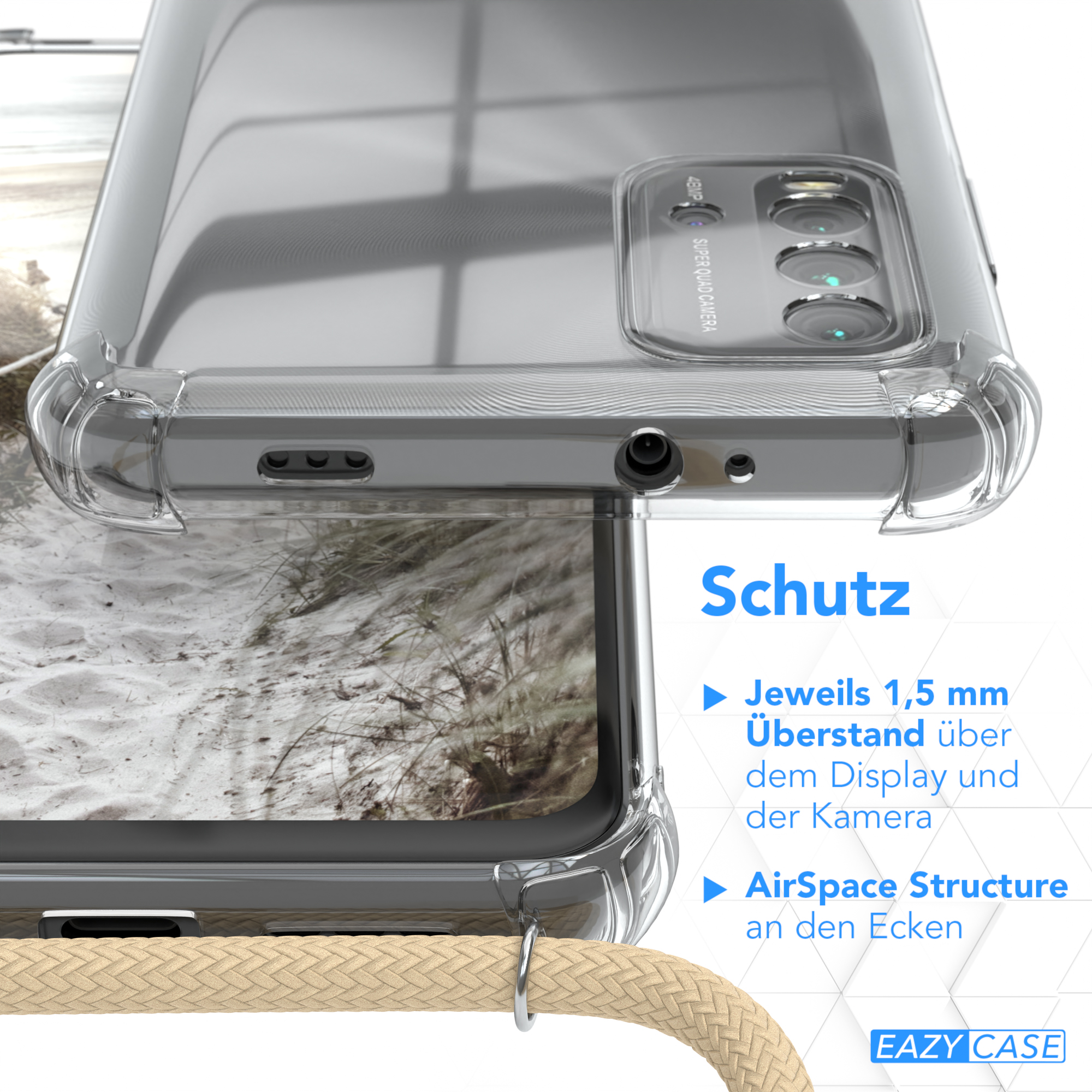 EAZY CASE Clear Cover mit Umhängeband, 9T, Beige Redmi Xiaomi, Taupe Umhängetasche