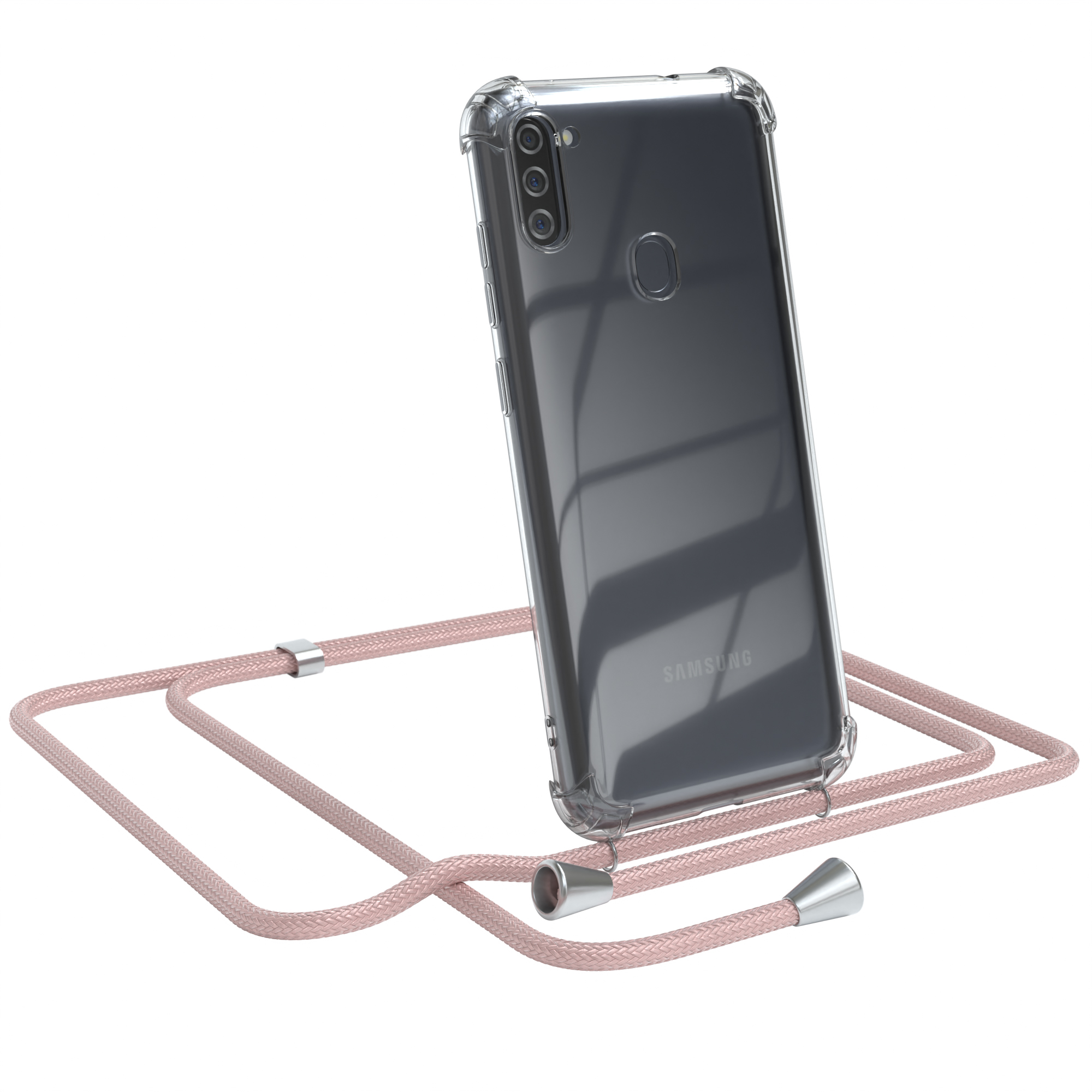 Transparente Handyhülle mit rosa Band. Samsung-Logo sichtbar. Weißer Hintergrund.