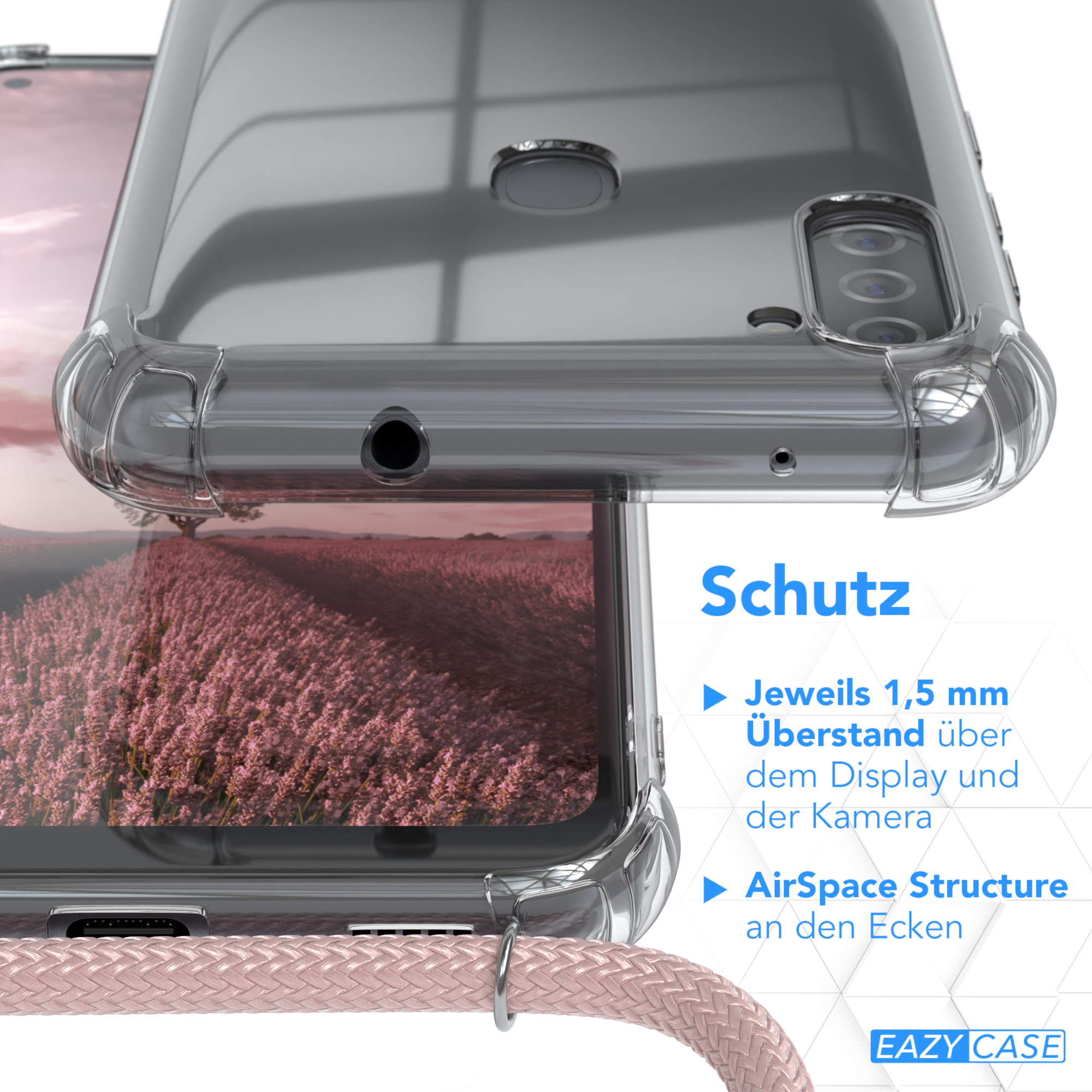 Nahaufnahme der Handyhülle, die das Telefon zeigt. Hintergrund hat ein lila Feld.