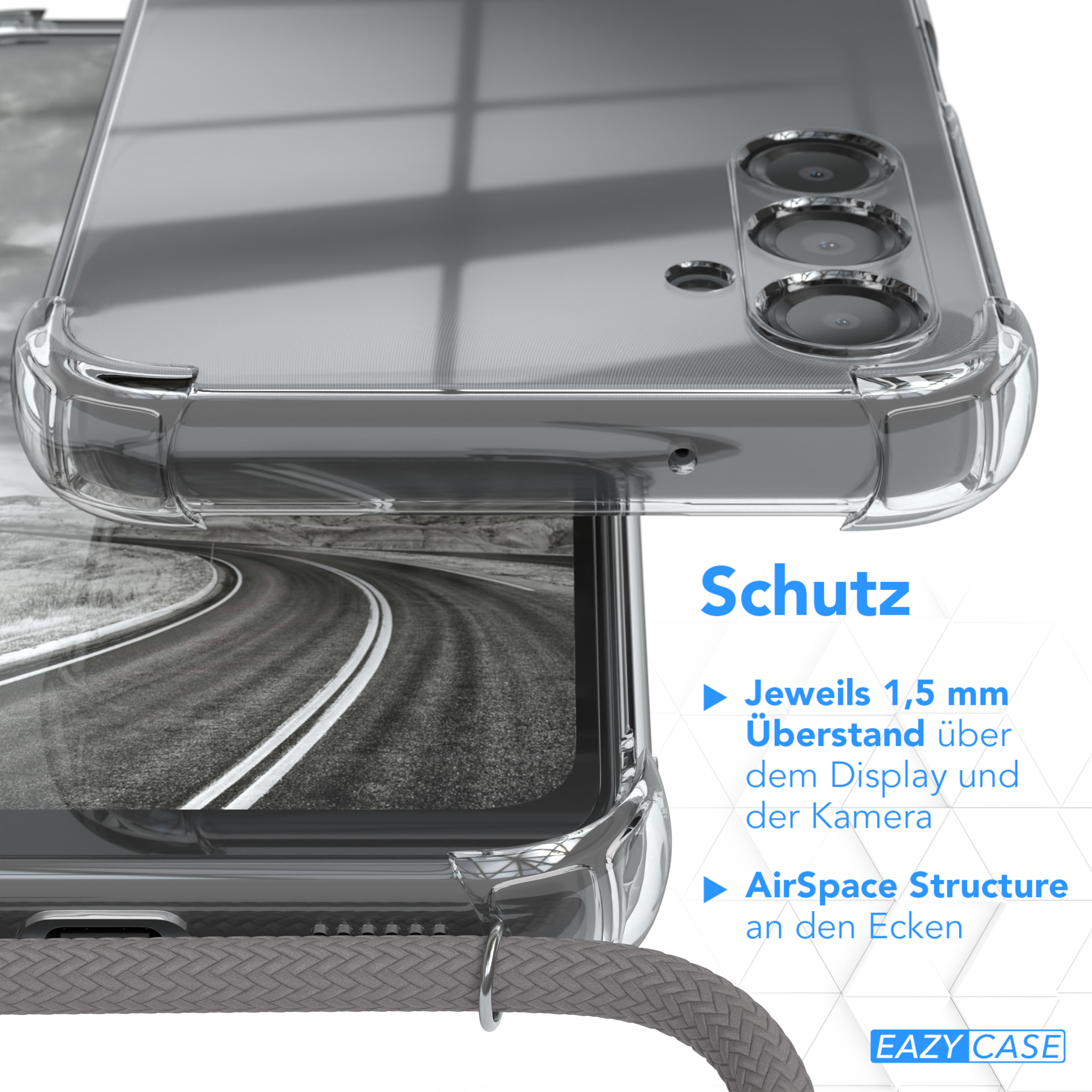 Nahaufnahme: Handyhülle Detail. Text: Schutz. Merkmale: 1,5 mm Display- und Kamerarand.