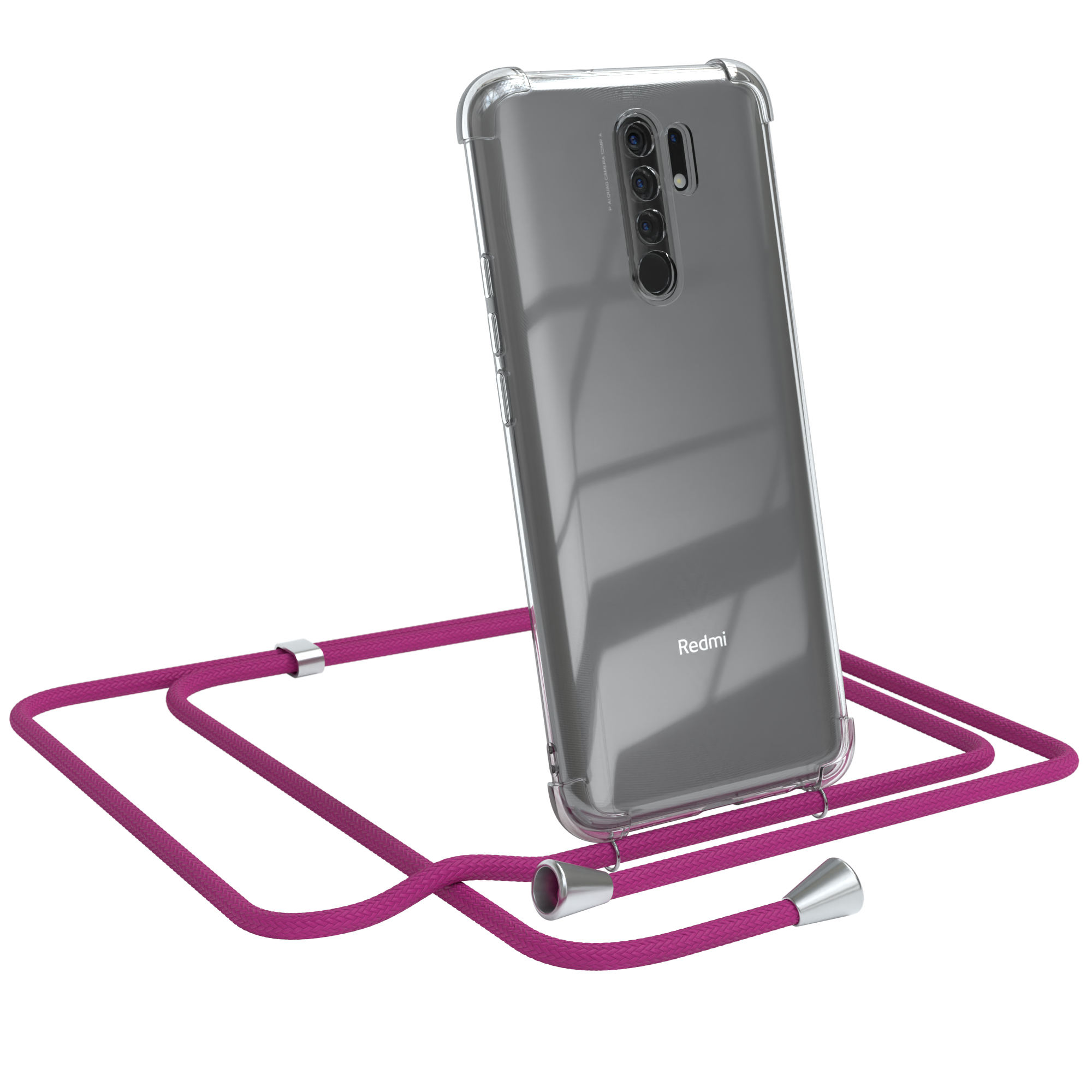 Eine transparente Handyhülle mit pinkfarbenem Lanyard. Das Telefon ist ein Redmi-Modell.