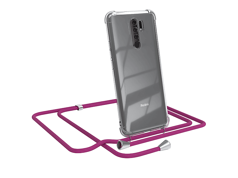 EAZY CASE Clear Cover mit Umhängeband, Umhängetasche, Xiaomi, Redmi 9 / Redmi 9 Prime, Pink / Clips Silber