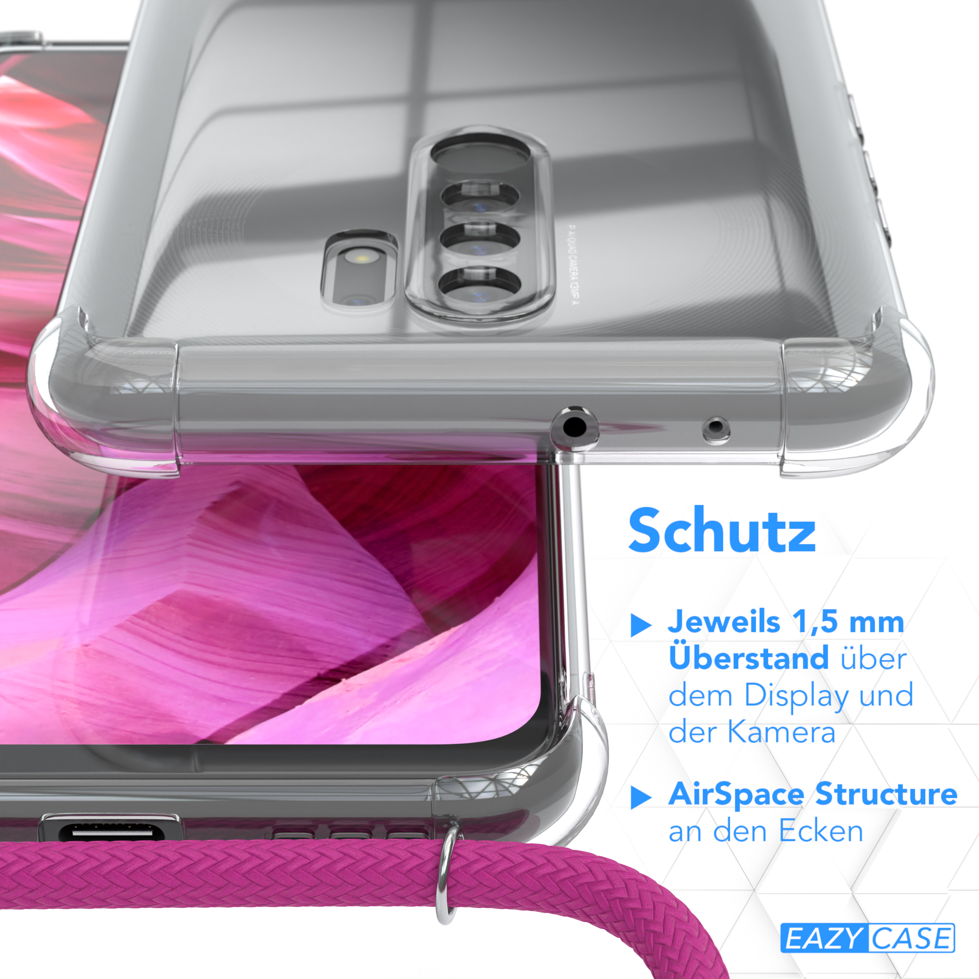 Nahaufnahme einer transparenten Handyhülle. Die Hülle befindet sich auf einem Telefon mit rosa Armband und Text.