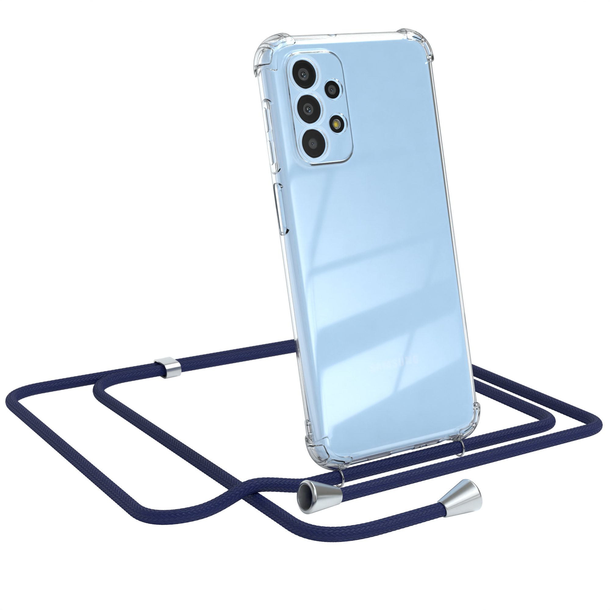 Ein Telefon in einer transparenten Hülle mit einem blauen Kabel. Weißer Hintergrund.