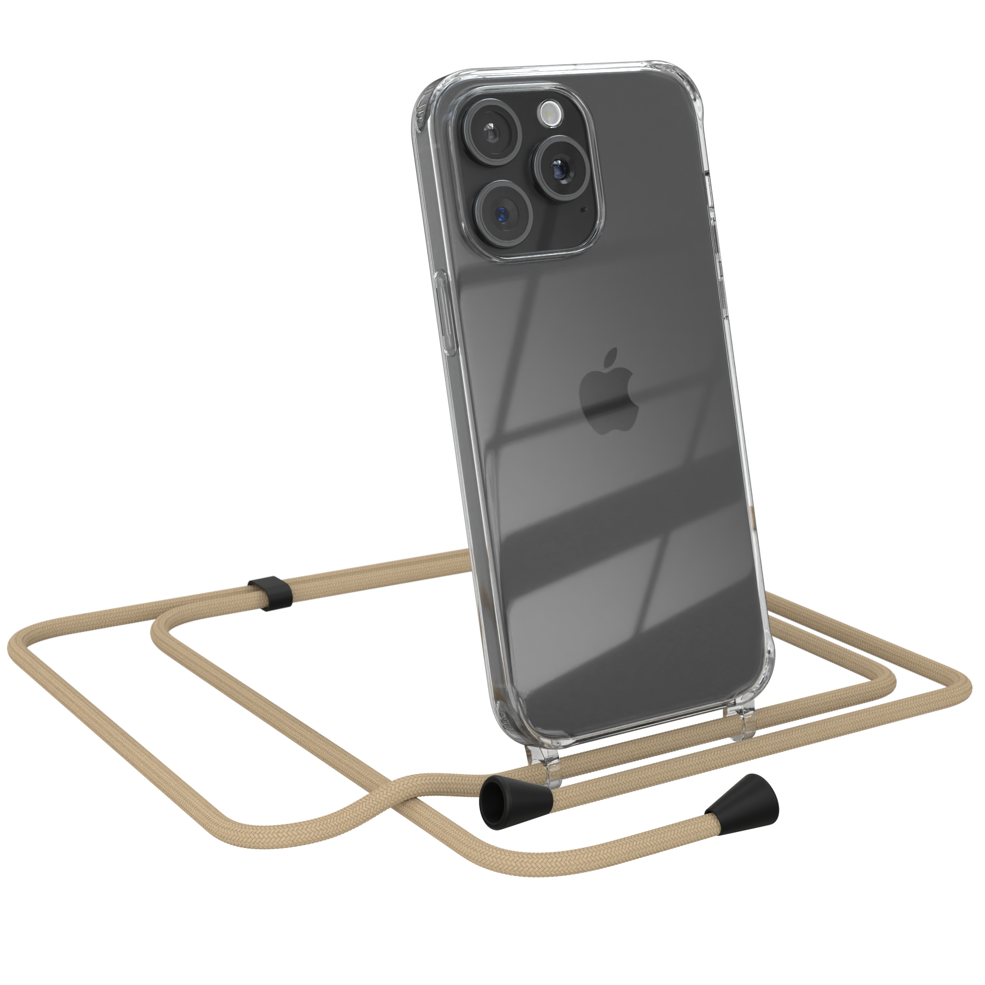 Transparente Handyhülle mit beigefarbenem Umhängeband. Apple-Logo sichtbar.
