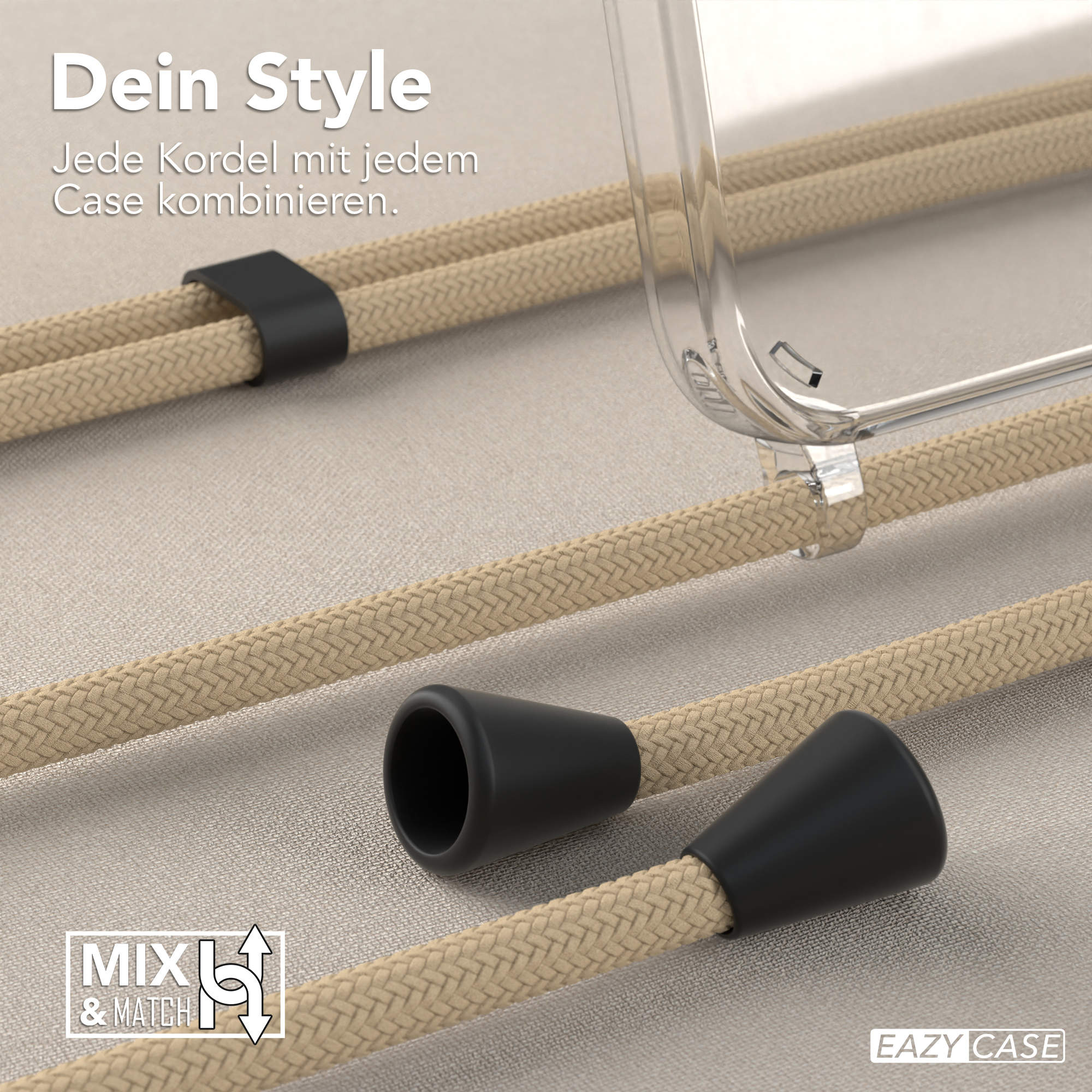 Handyhülle mit Trägern und Text: Dein Style, Jede Kordel mit jedem Case kombinieren. Mix & Match.