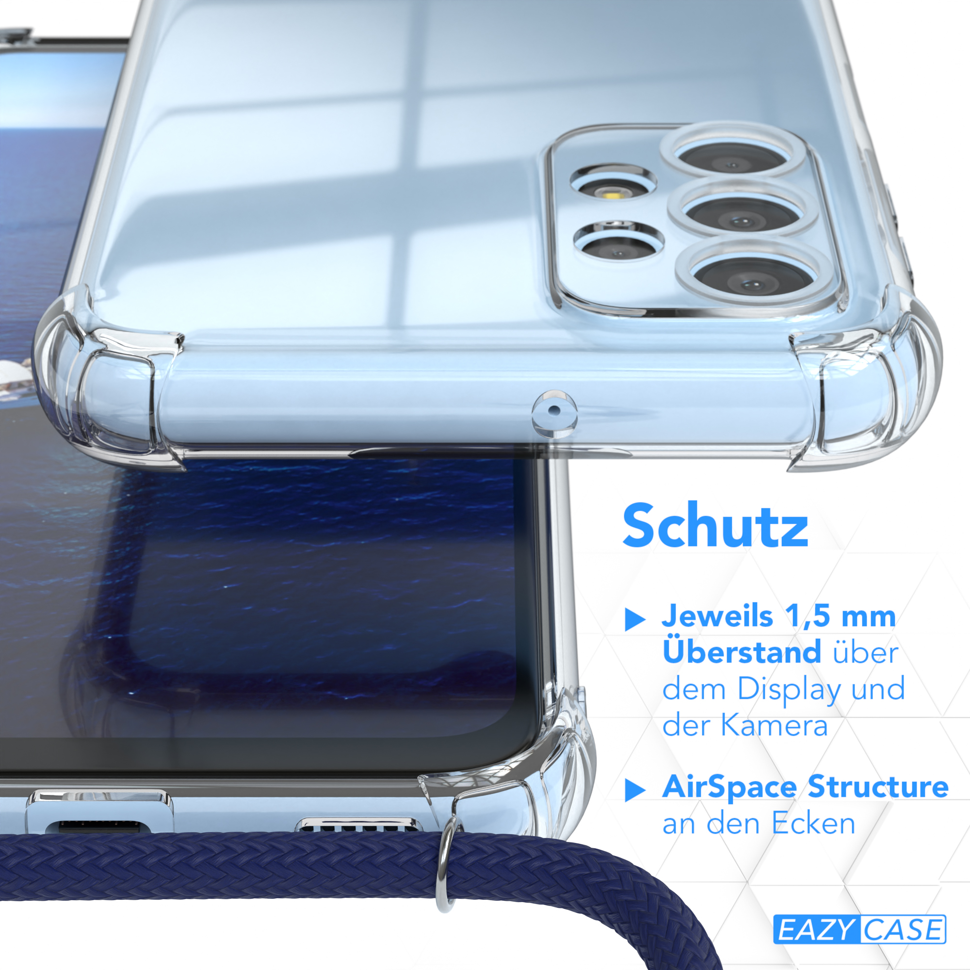 CASE EAZY 5G, Clips A23 Clear mit Silber / Umhängeband, Samsung, Blau Umhängetasche, Cover Galaxy