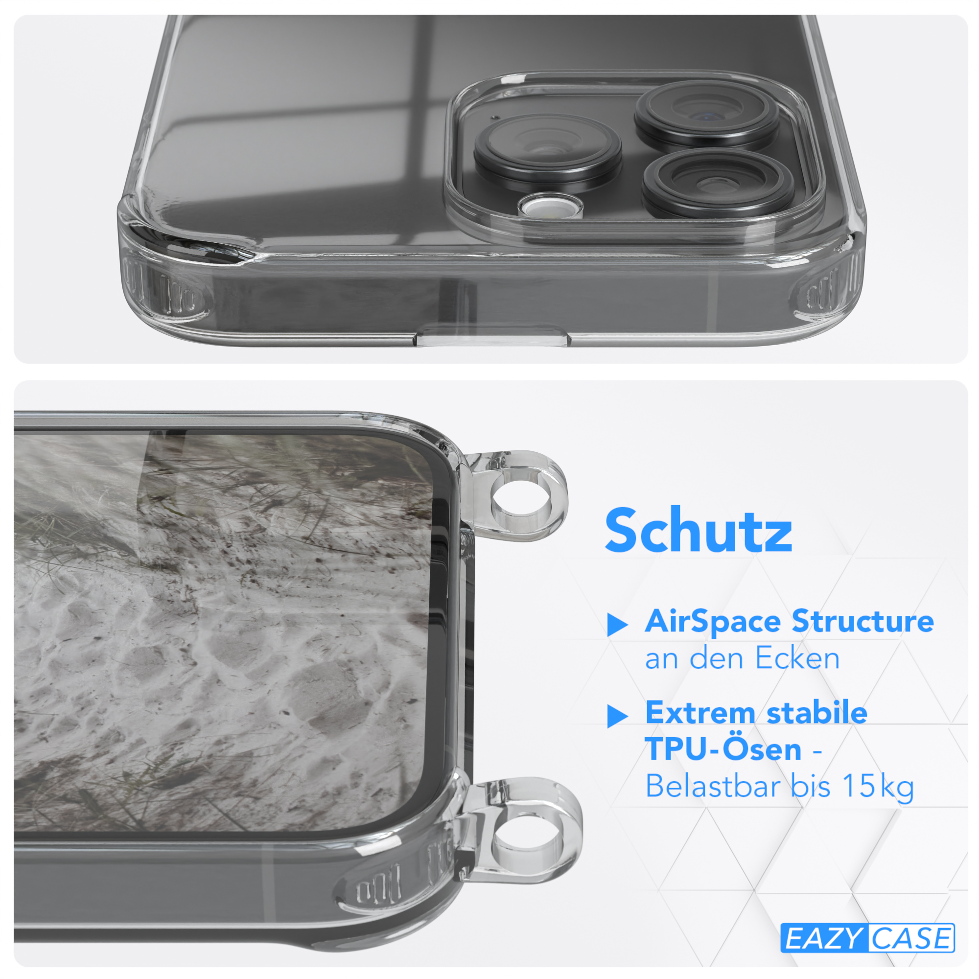 Nahaufnahme der Handyhülle. AirSpace-Struktur an den Ecken. Schutz mit verstärktem TPU. Klare Hülle.