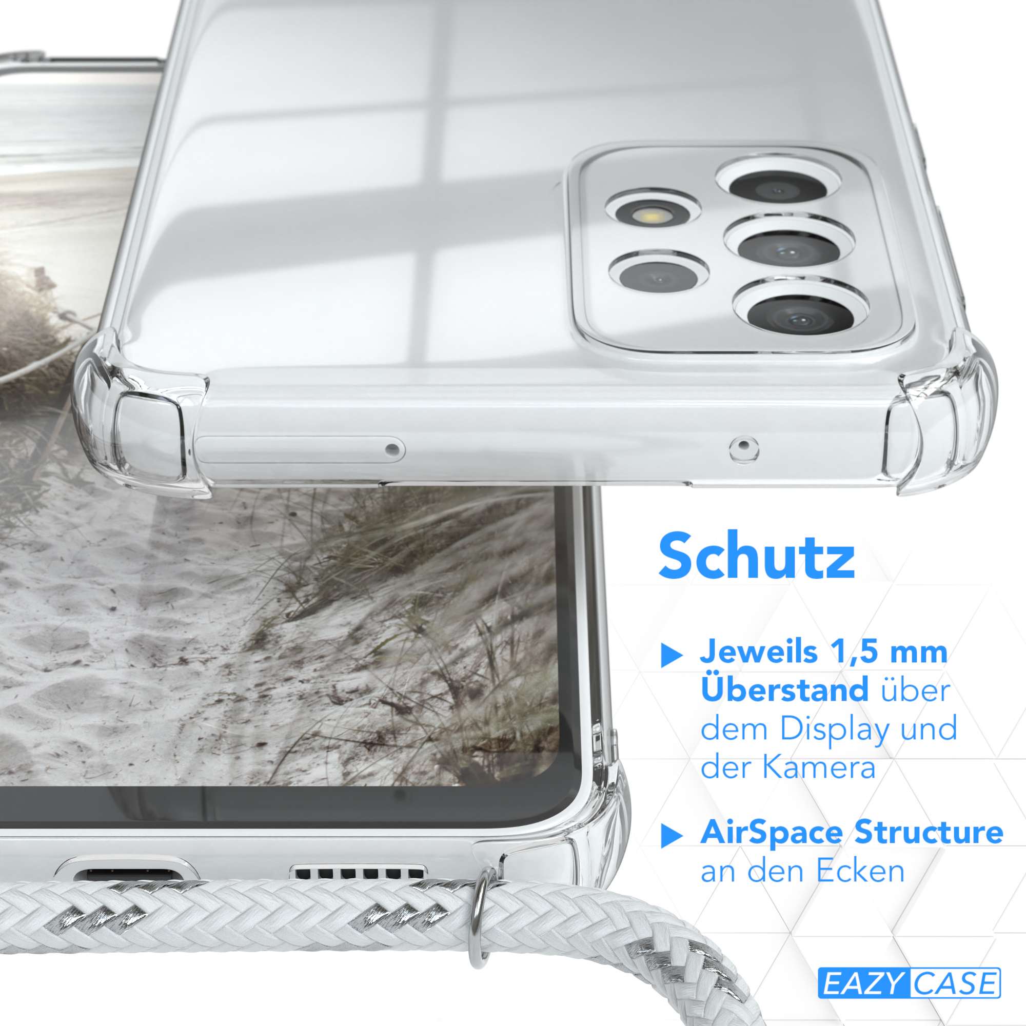 Klare Handyhülle, Nahaufnahme, mit Schutzfunktionen, in der Nähe einer strukturierten Oberfläche. Details zu Display und Ecken.