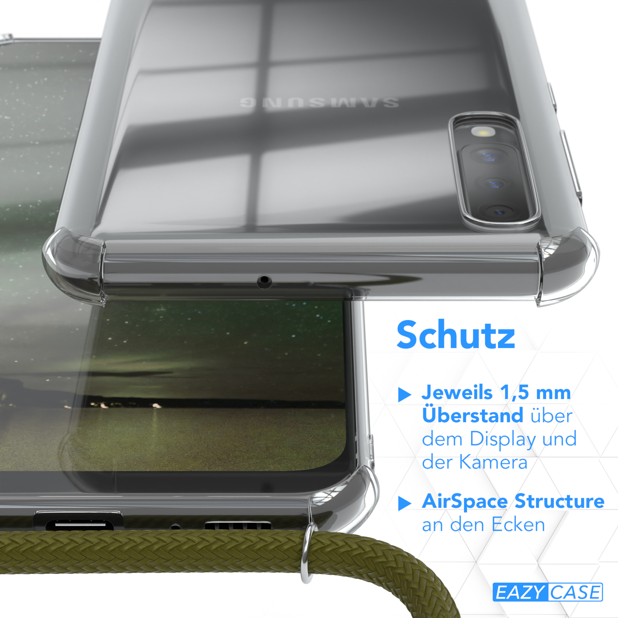 Nahaufnahme der Handyhülle. Text über Schutzfunktionen. Holz- und weißer Hintergrund.