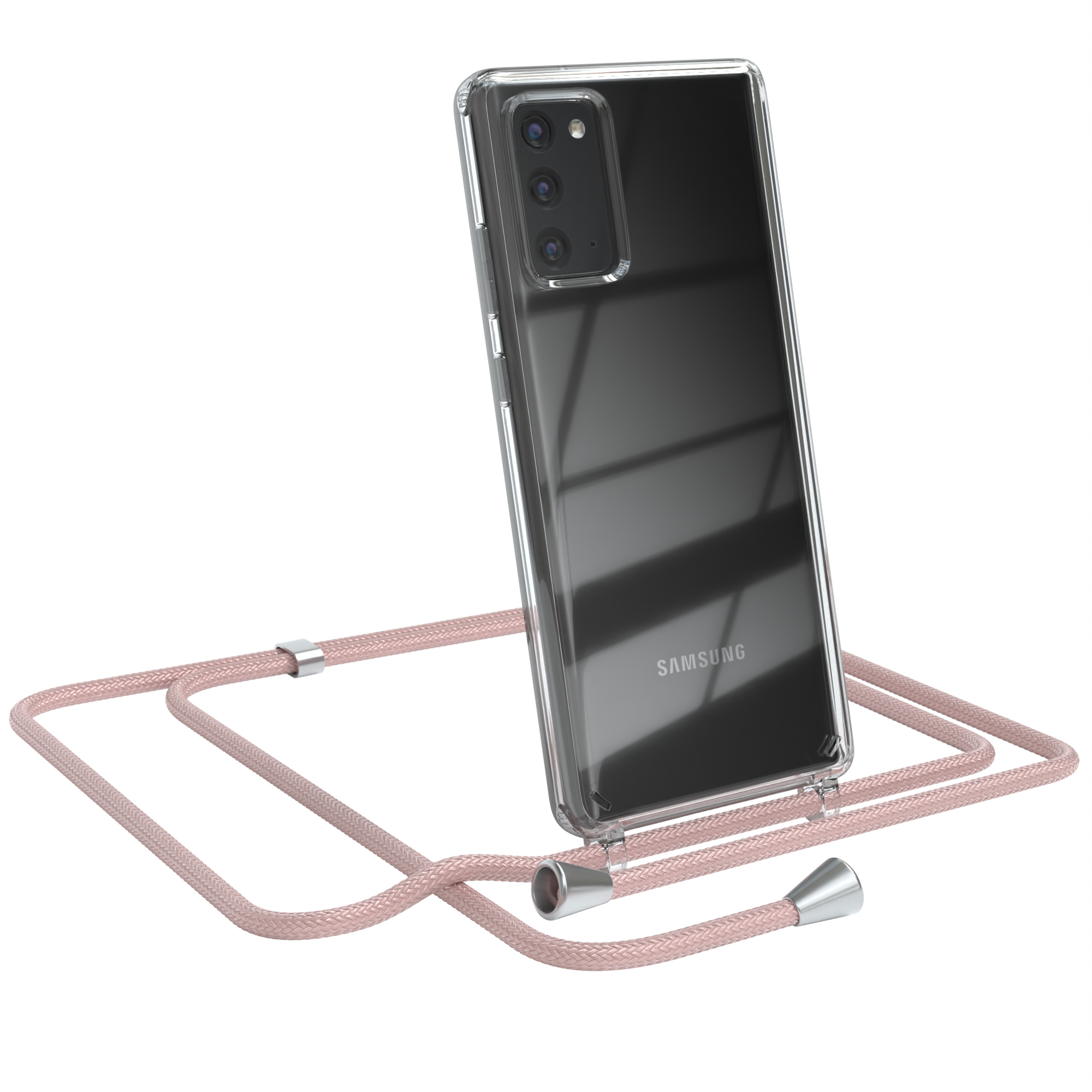 Transparente Hülle mit rosa Lanyard. Samsung-Telefon.