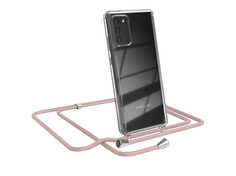 EAZY CASE Clear Cover mit Umhängeband, Umhängetasche, Samsung, Galaxy Note 20 / Note 20 5G, Rosé / Clips Silber