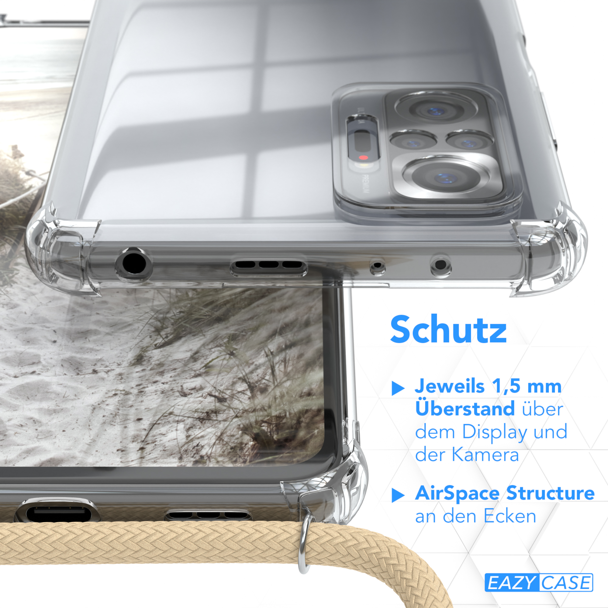 Transparente Handyhülle mit beigem Band. Text: Schutz, 1,5 mm Überstand, AirSpace-Struktur.