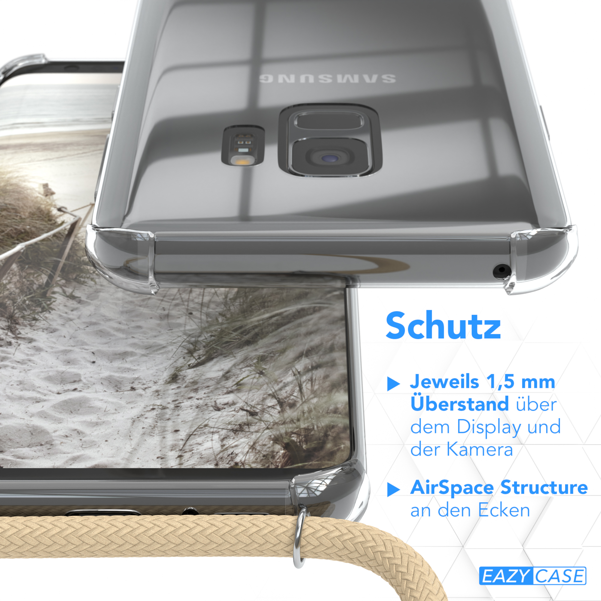 EAZY CASE mit Taupe Clear Umhängeband, Cover Samsung, Galaxy Umhängetasche, S9, Beige