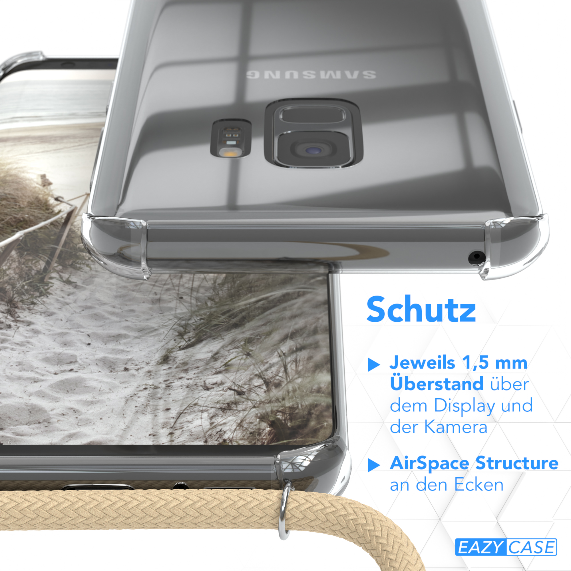 Transparente Handyhülle mit Strandmotiv. Text auf Deutsch: Schutz, und Merkmale.
