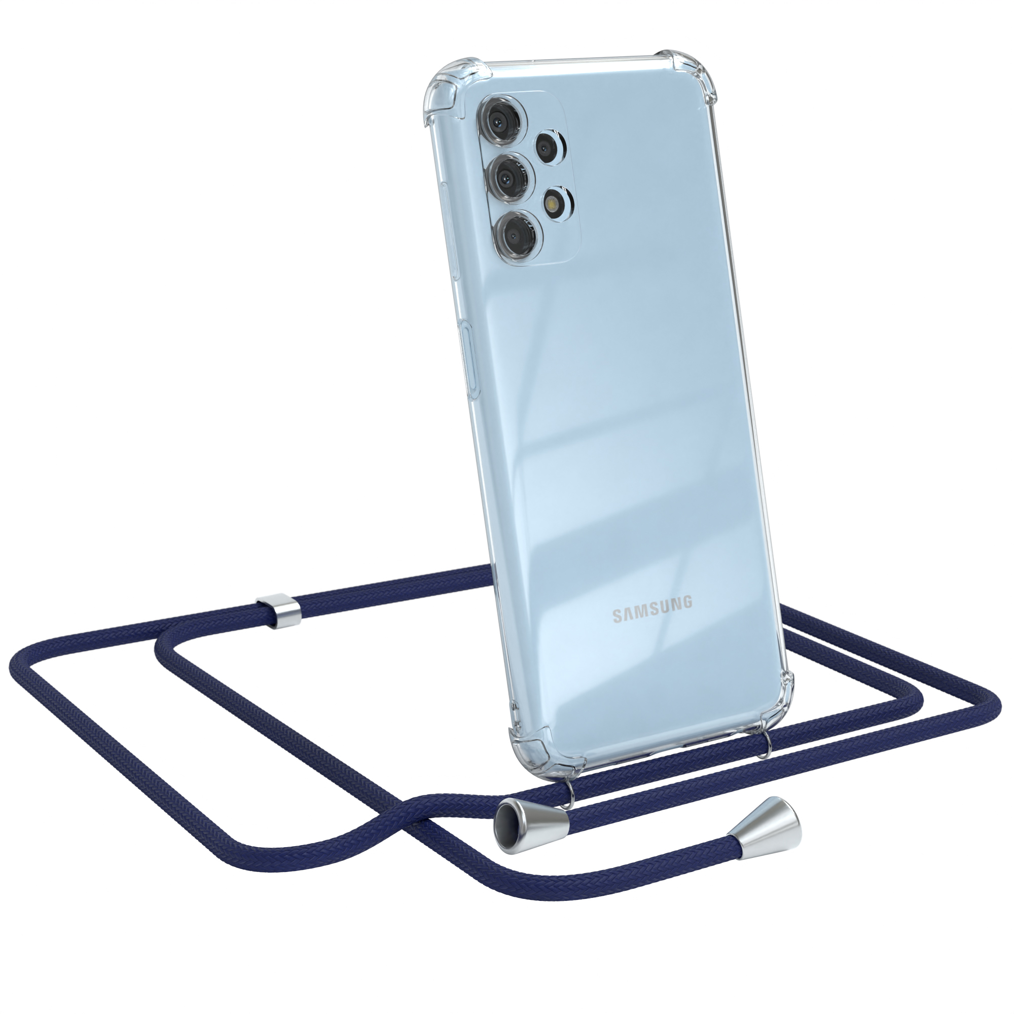 Ein Telefon in einer transparenten Hülle mit einem blauen Kabel. Weißer Hintergrund.