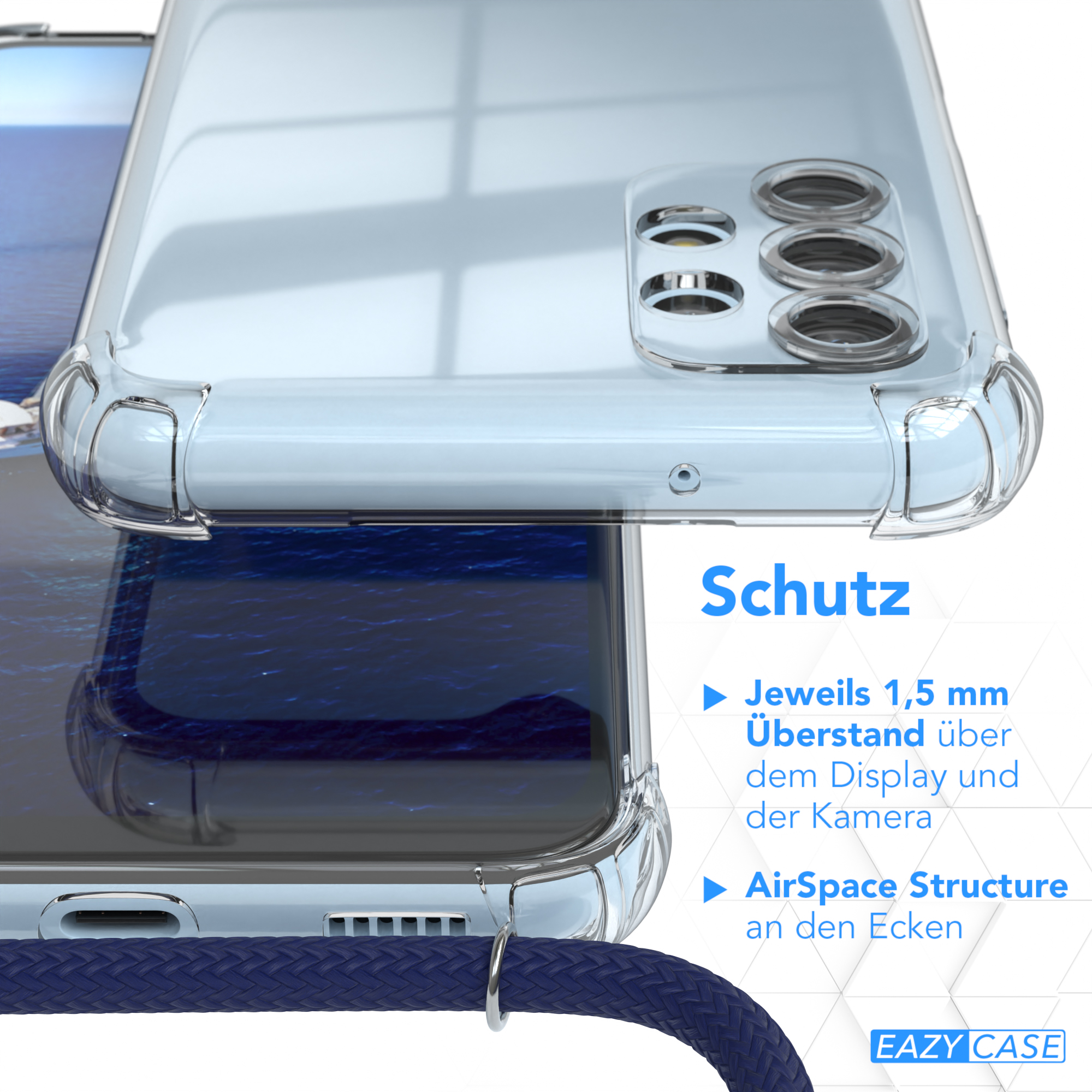 Nahaufnahme einer Handyhülle mit buntem Gurt und Telefon darin.